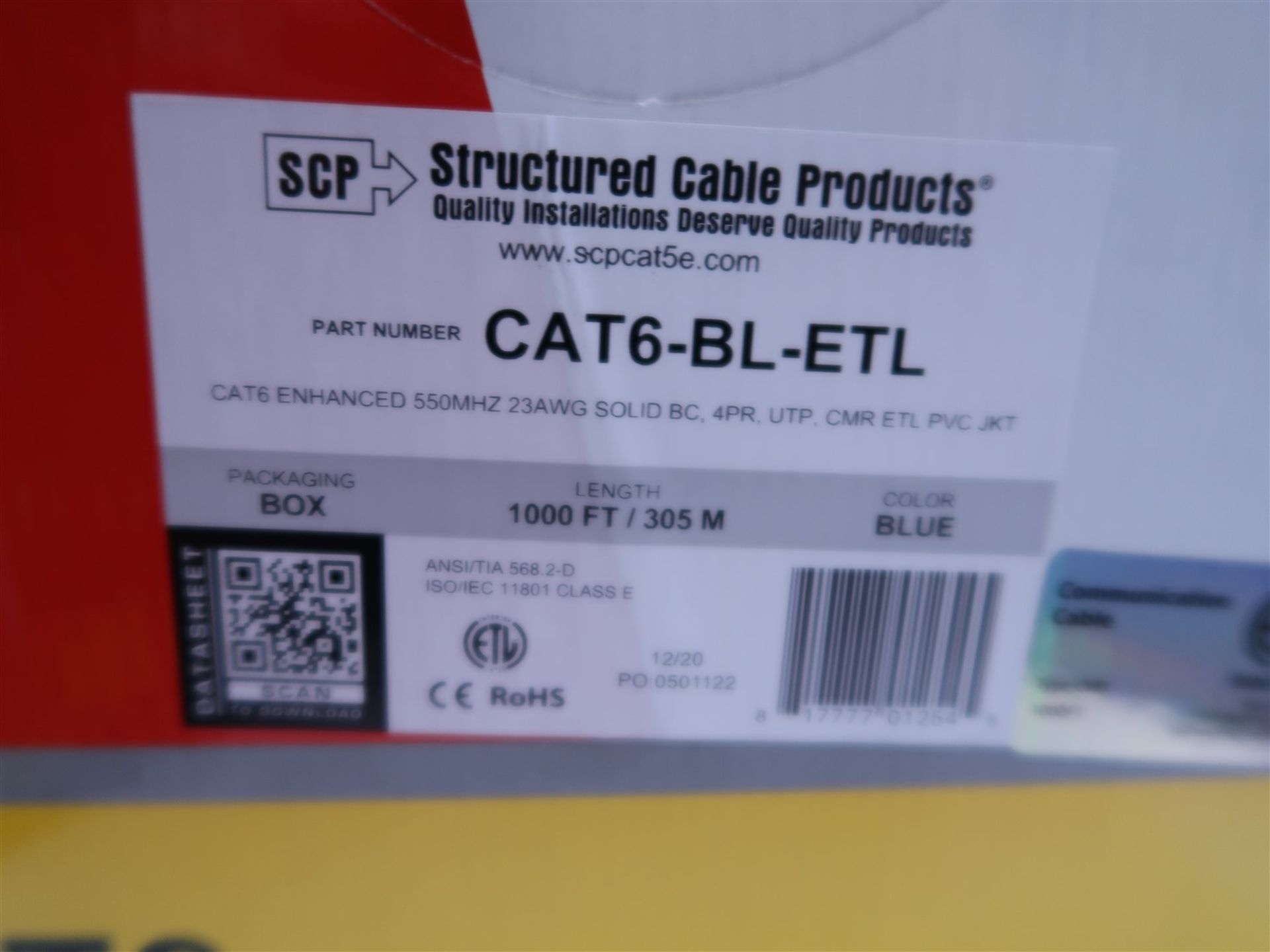 BOX OF SCP CAT 6-BK-ETL ENHANCED 550 MHZ 23 AWG SOLID BC, 4PR, UTP CMR ETL PVC JKT 1000 FT. BLACK - Image 2 of 2