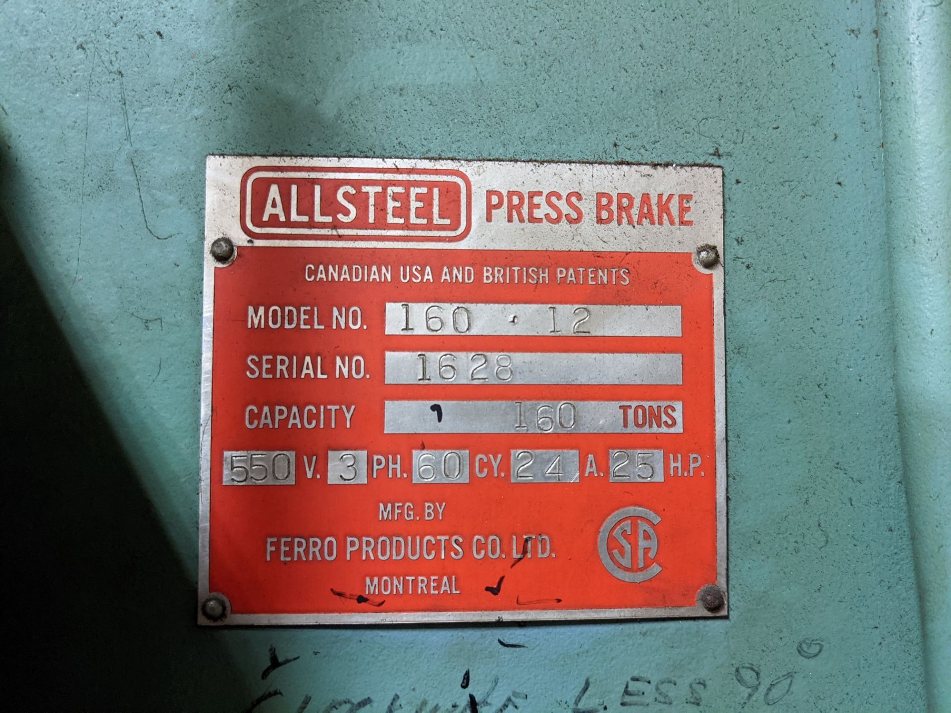 ALLSTEEL 160-12 HYDRAULIC PRESS BRAKE, 160 TON X 12’ CAP., S/N 1628 (NO DIES) - Image 7 of 11