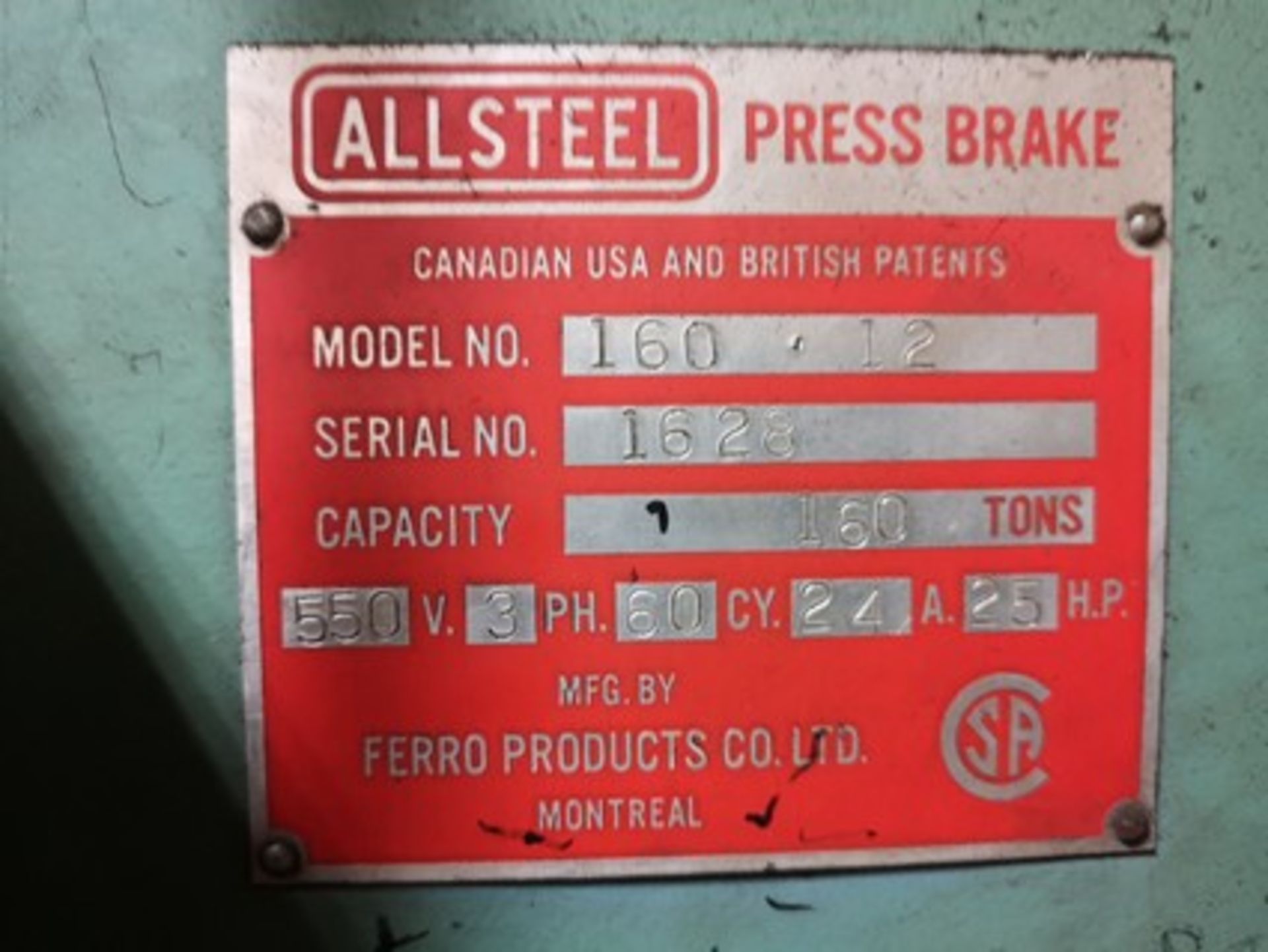 ALLSTEEL 160-12 HYDRAULIC PRESS BRAKE, 160 TON X 12’ CAP., S/N 1628 (NO DIES) - Image 11 of 11