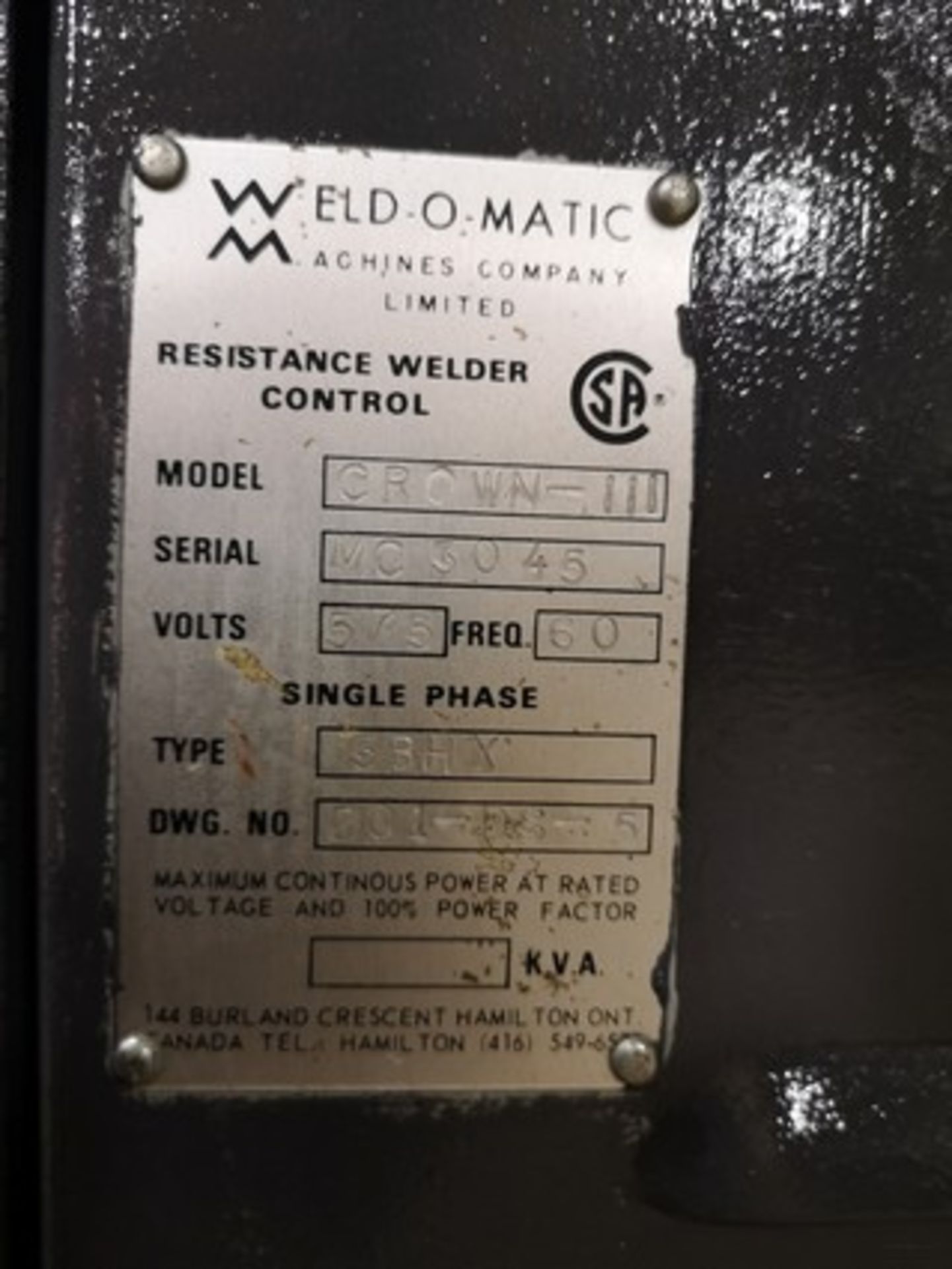 WELD-O-MATIC AF SPOT WELDER, 25KVA, 575V, S/N 3214 - Image 3 of 4