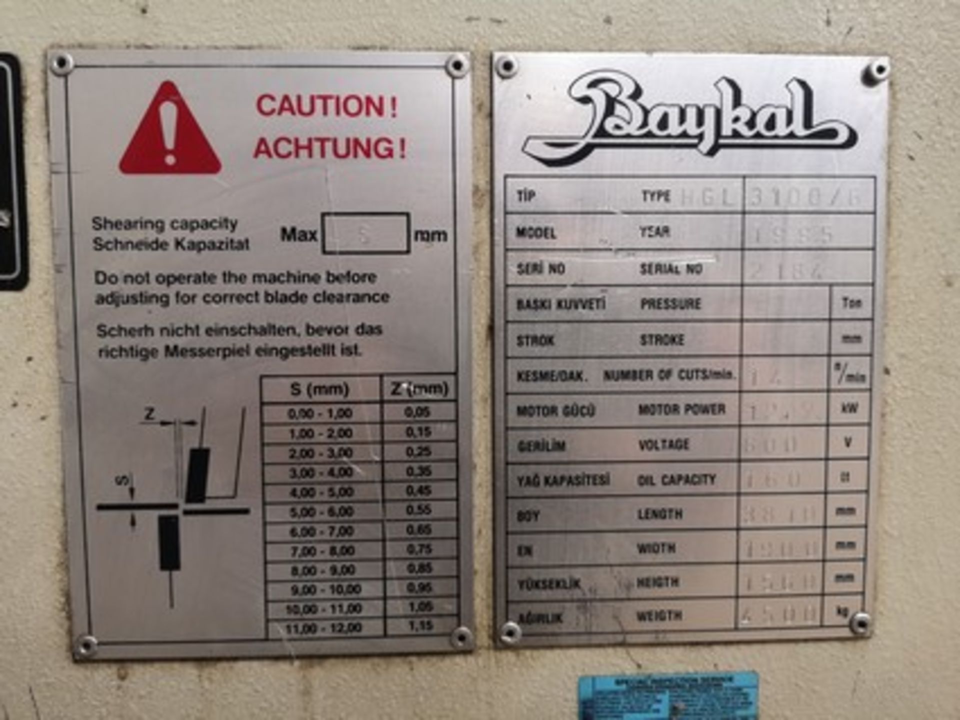 BAYKAL HGL3100/6 HYDRAULIC SHEAR, 10’ X ¼” CAP., S/N 2184, 14 CUTS/MIN - Image 11 of 15