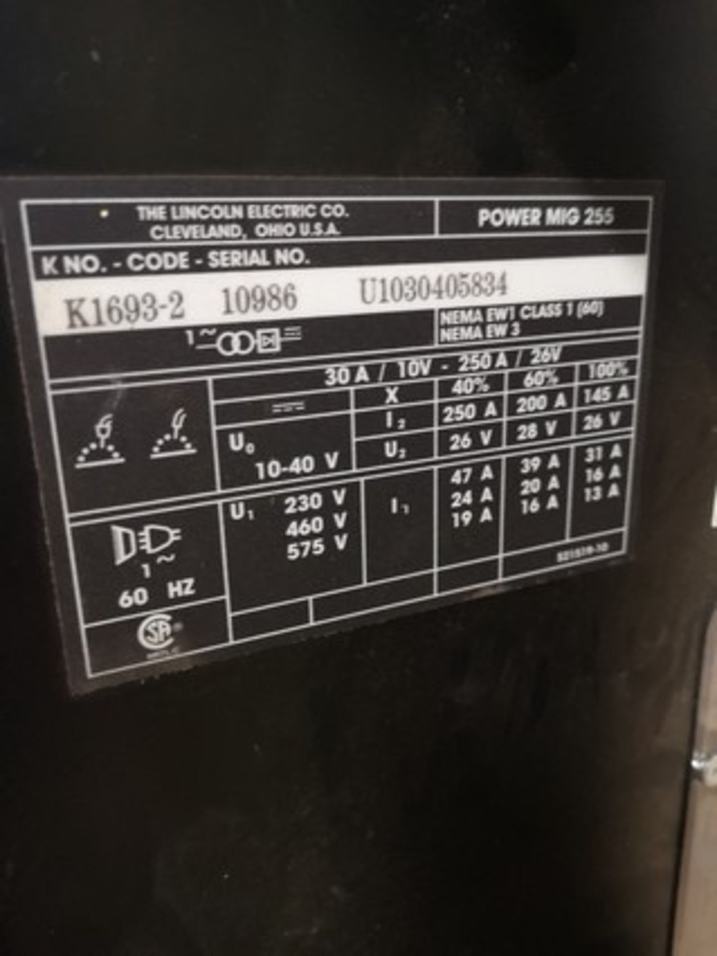 LINCOLN ELECTRIC POWER MIG 255 WELDER, S/N K1693-10986 U1030405834 W/ ANTRA HTH-1800A MASK - Image 6 of 6