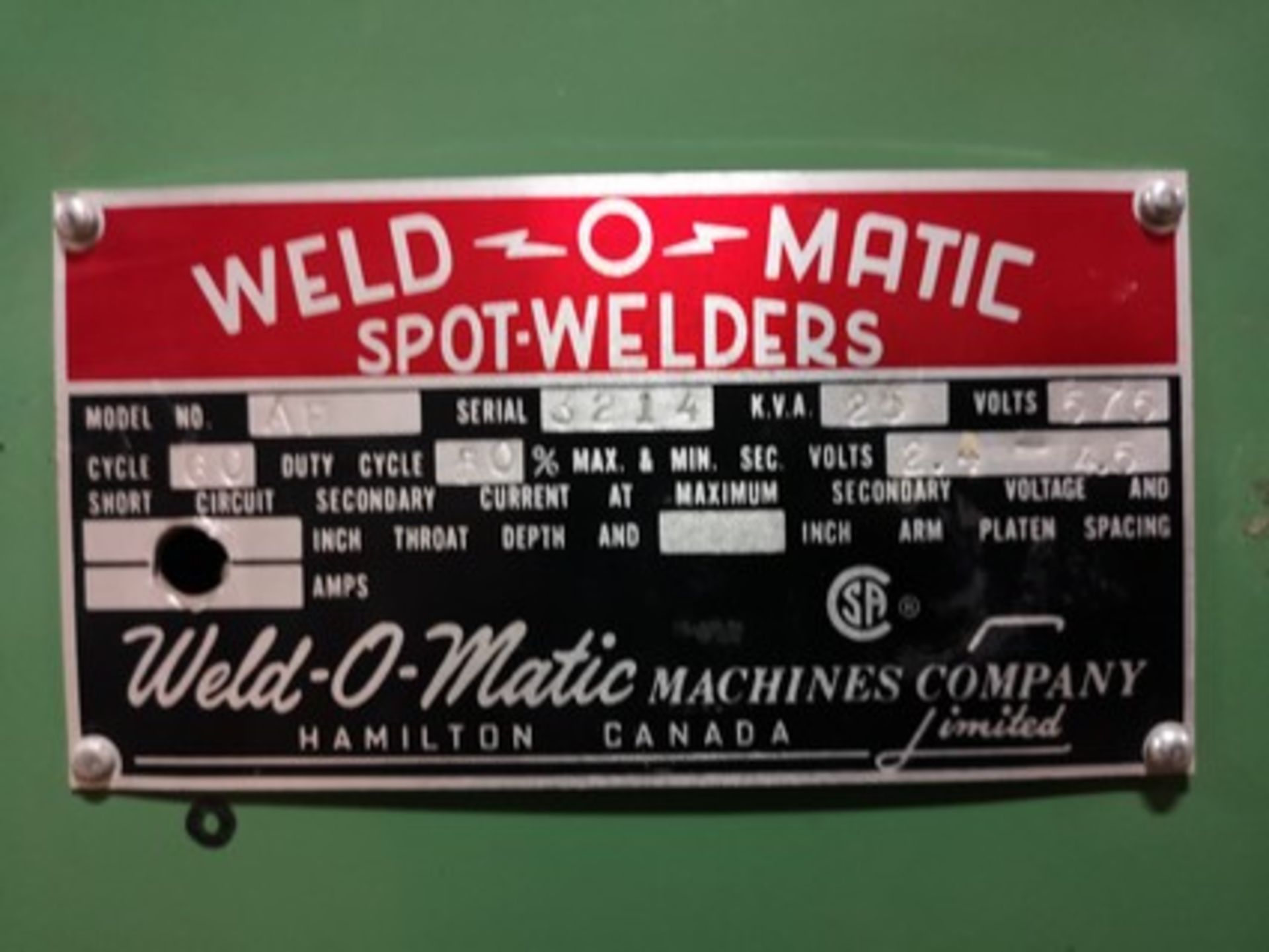 WELD-O-MATIC AF SPOT WELDER, 25KVA, 575V, S/N 3214 - Image 2 of 4