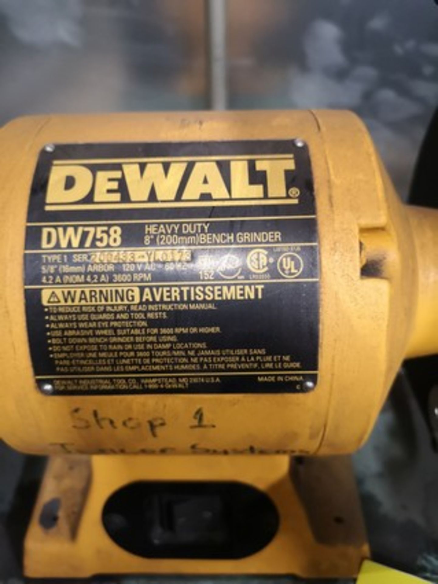 DEWALT DW758 8" BENCH GRINDER W/ MASKS & PEDESTAL - Image 2 of 2