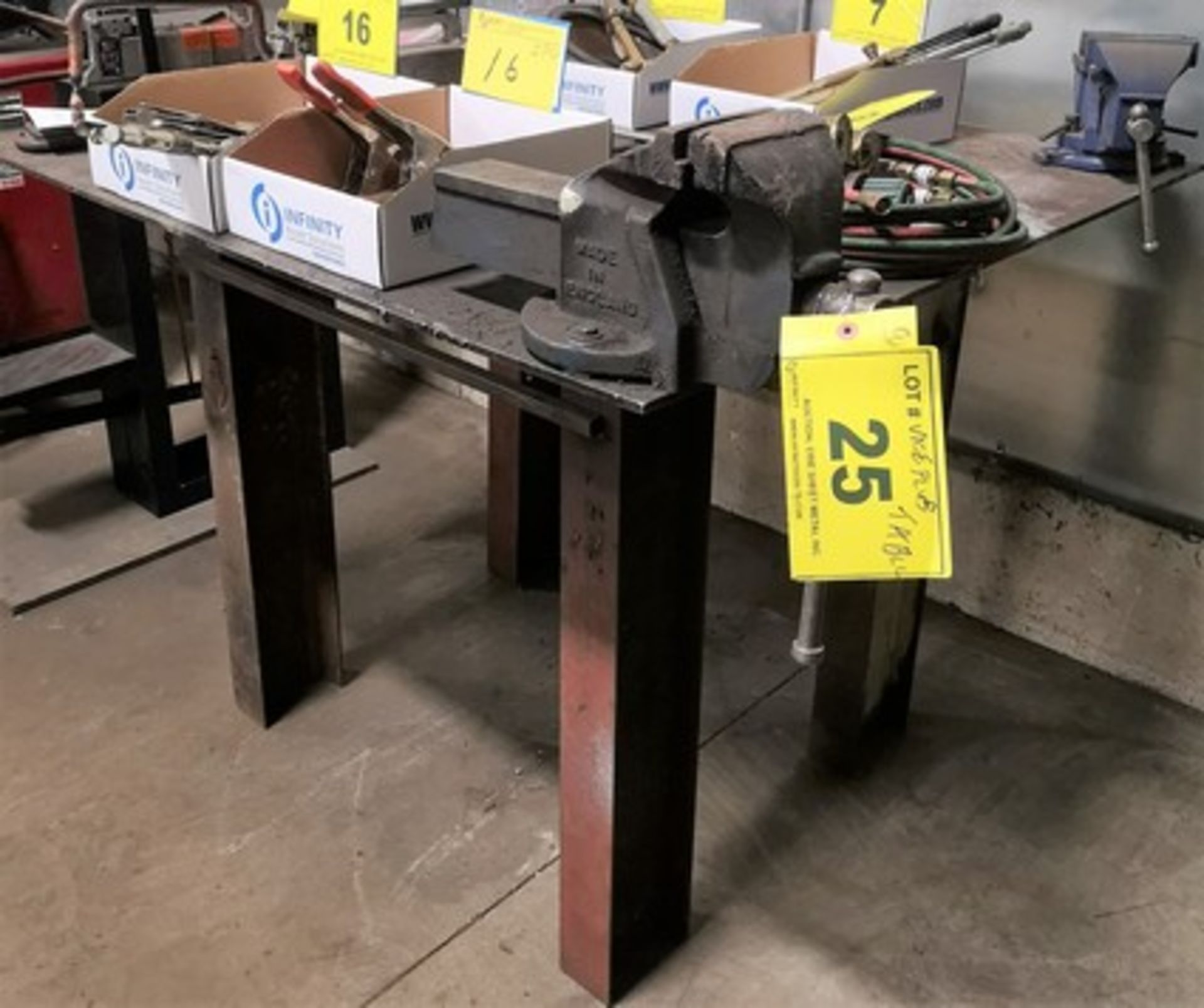 APPROX. 44" X 48" X 1/4" THICK WELDING TABLE W/ (2) VISES