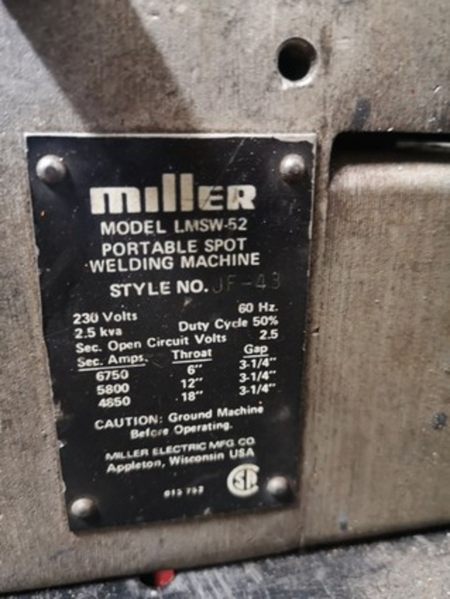 MILLER LMSW-52 SPOT WELDER, STYLE NO. JF-43 - Image 2 of 2