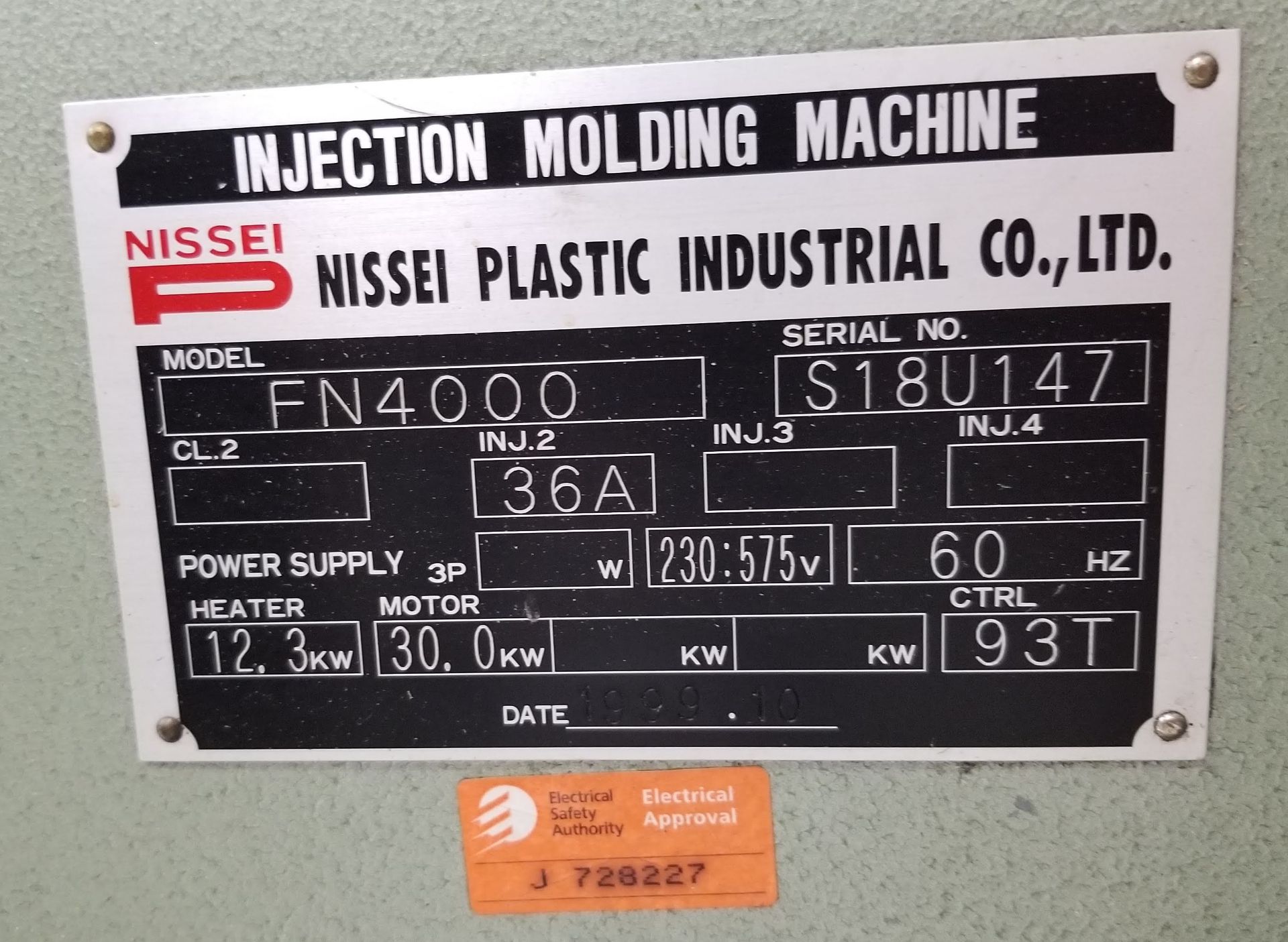 1999 NISSEI FN4000 HORIZONTAL INJECTION MOULDING MACHINE, 200 TON CAP. 160Z. SHOT SIZE 56MM. SCREW - Image 12 of 17