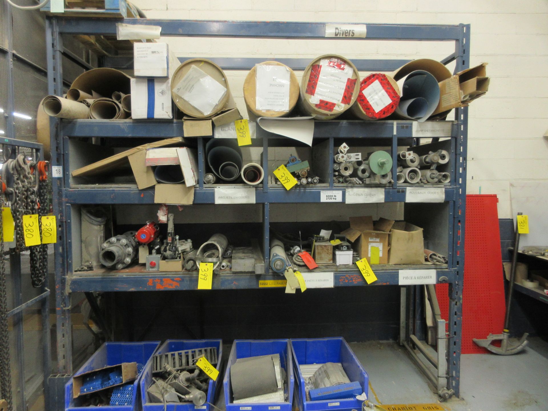 LOT OF MAINTENANCE SUPPLIES ON PALLET RACK (NO RACK) INCLUDING CONVEYOR BELT, AUTOMATIC VALVE, STOCK