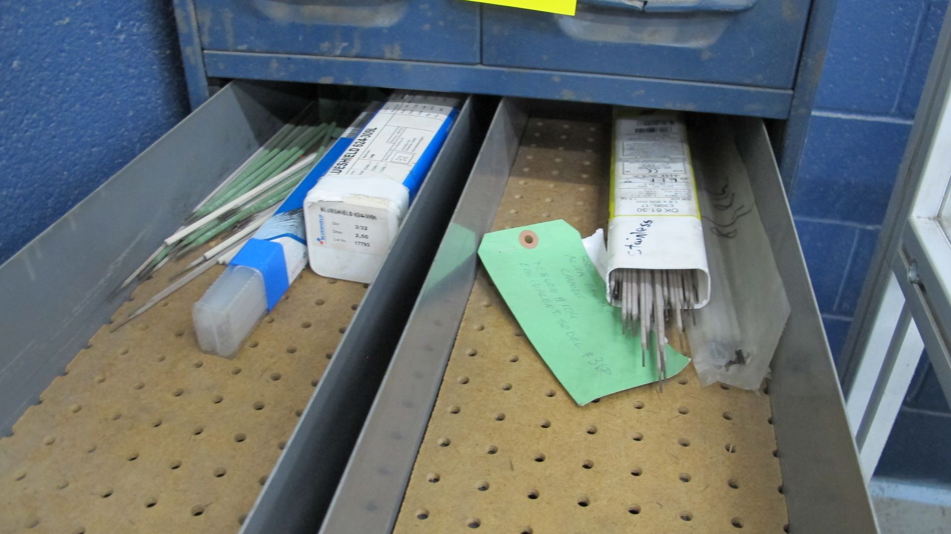 LOT OF WELDING ELECTRODES IN 10-LEVEL STORAGE CABINET AND WELDING SUPPLIES IN 2ND 10-LEVEL STORAGE - Image 4 of 14