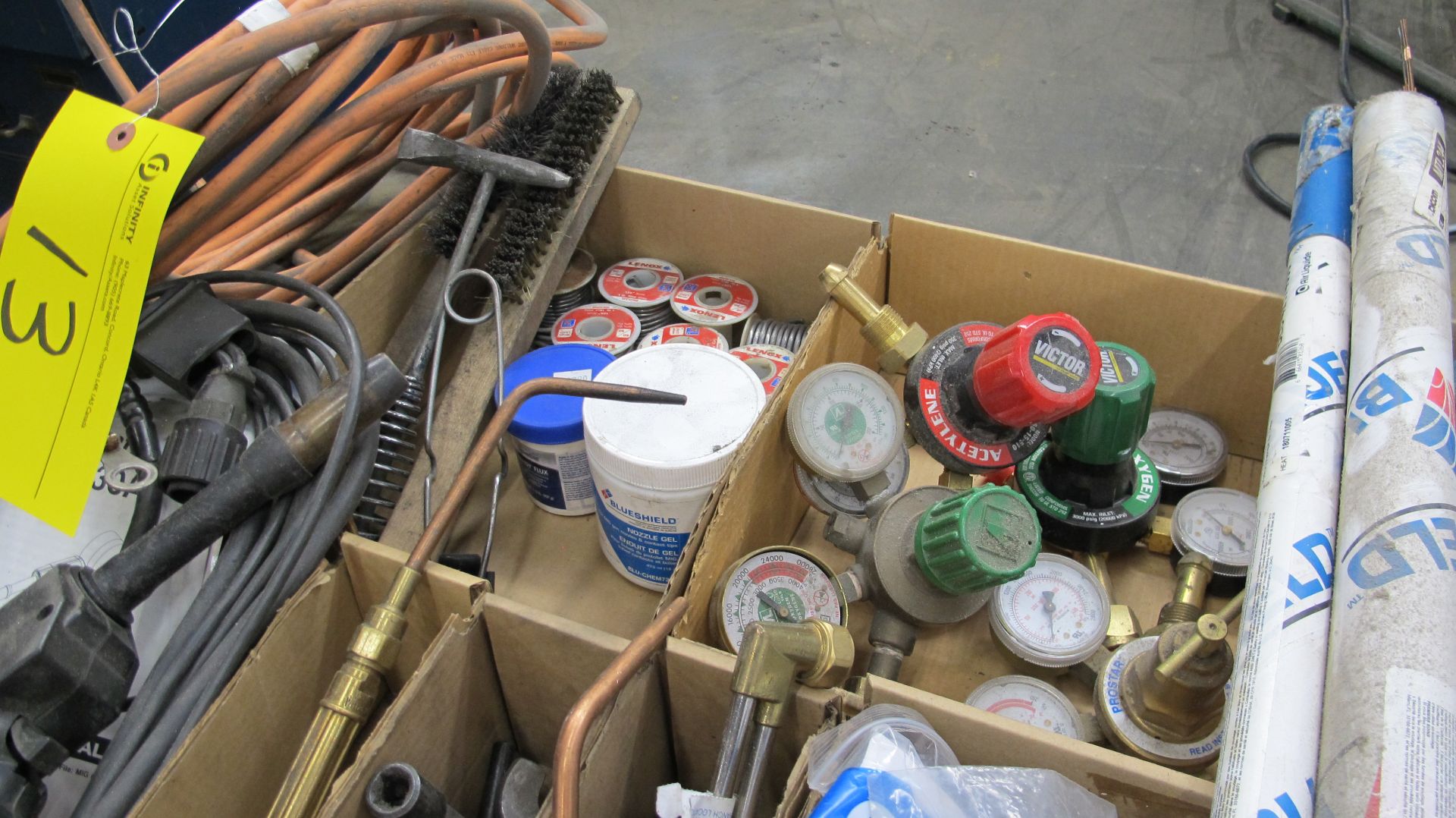 LOT OF WELDING SUPPLIES IN (11) BOXES INCLUDING SODEL 469B-250 SILVERY ALLOY BARE WIRE, CABLES, - Image 6 of 8