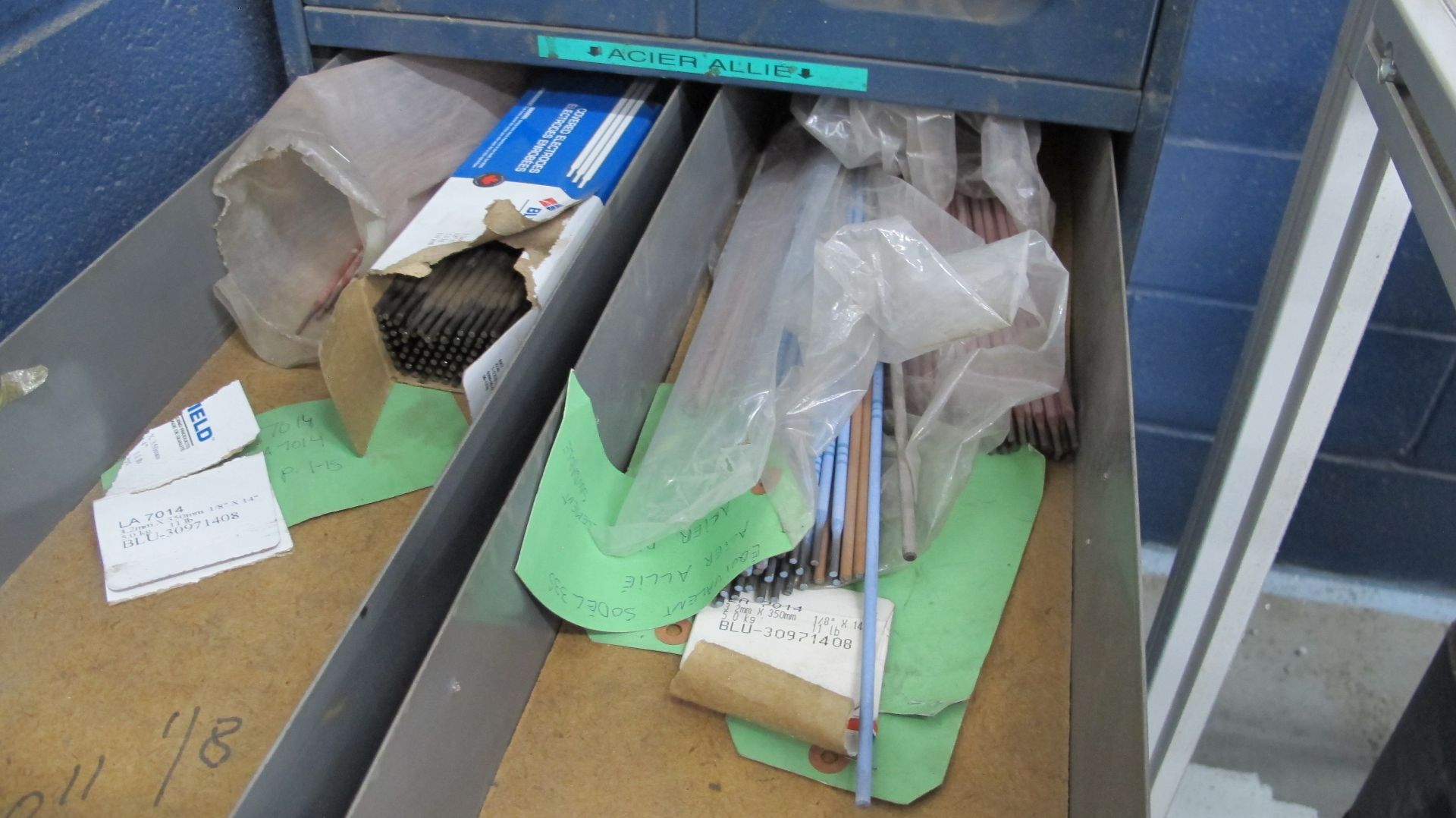 LOT OF WELDING ELECTRODES IN 10-LEVEL STORAGE CABINET AND WELDING SUPPLIES IN 2ND 10-LEVEL STORAGE - Image 5 of 14