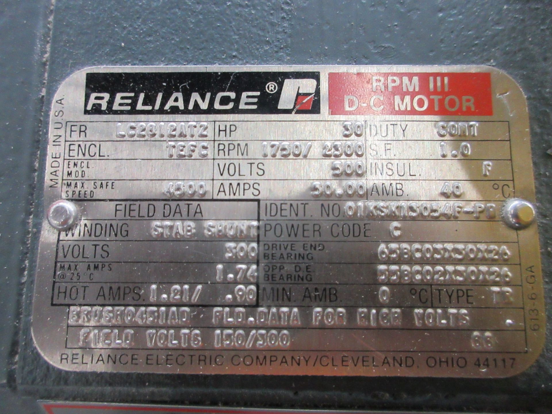 RELIANCE RPM III D-C MOTOR, 30HP, 500V, 1,750 / 2,300 RPM, LC2812AT2 FRAME (SOUTHWEST WAREHOUSE) - Image 2 of 3