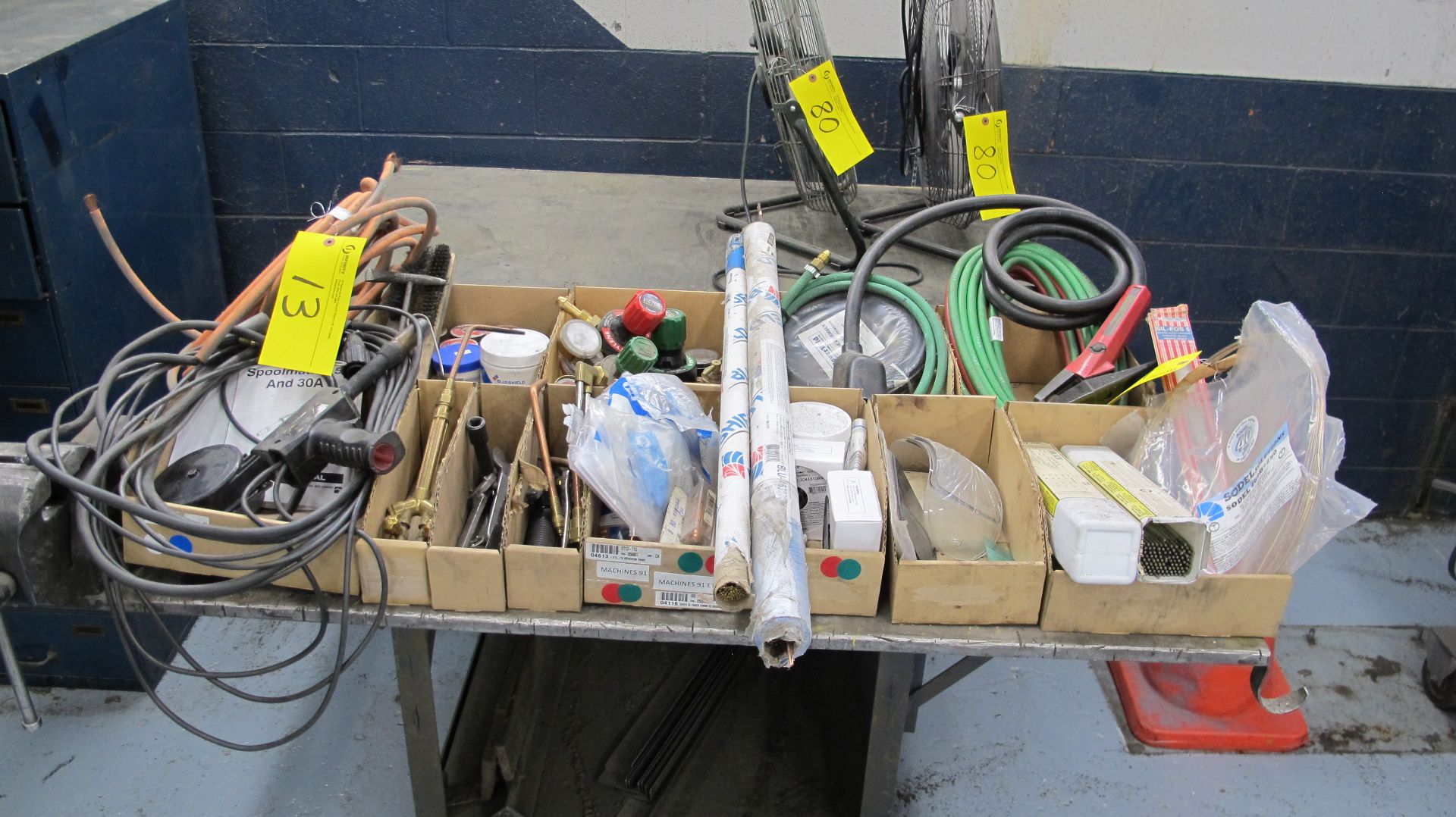 LOT OF WELDING SUPPLIES IN (11) BOXES INCLUDING SODEL 469B-250 SILVERY ALLOY BARE WIRE, CABLES,