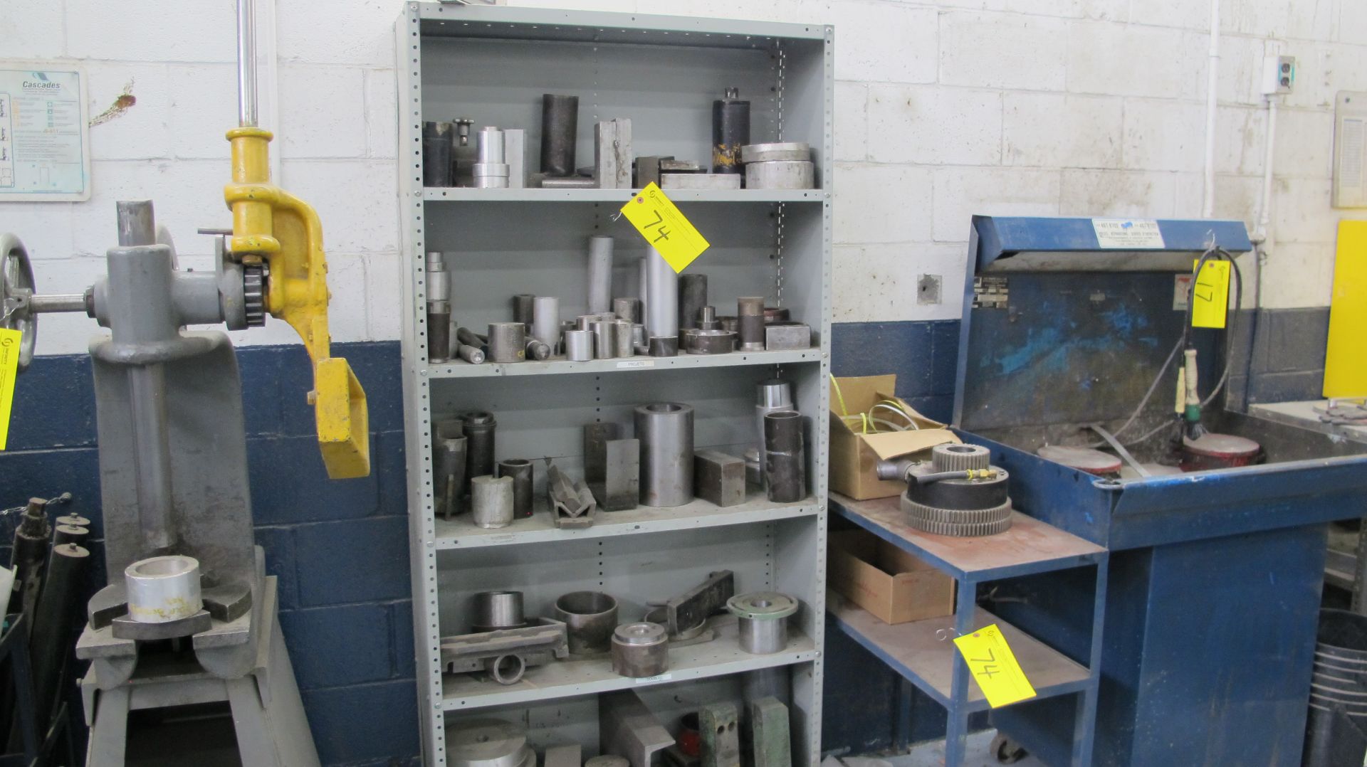 6-LEVEL METAL SHELVING UNIT W/ METAL CONTENTS AND TABLE W/ GEARS, ETC. (MACHINE SHOP)
