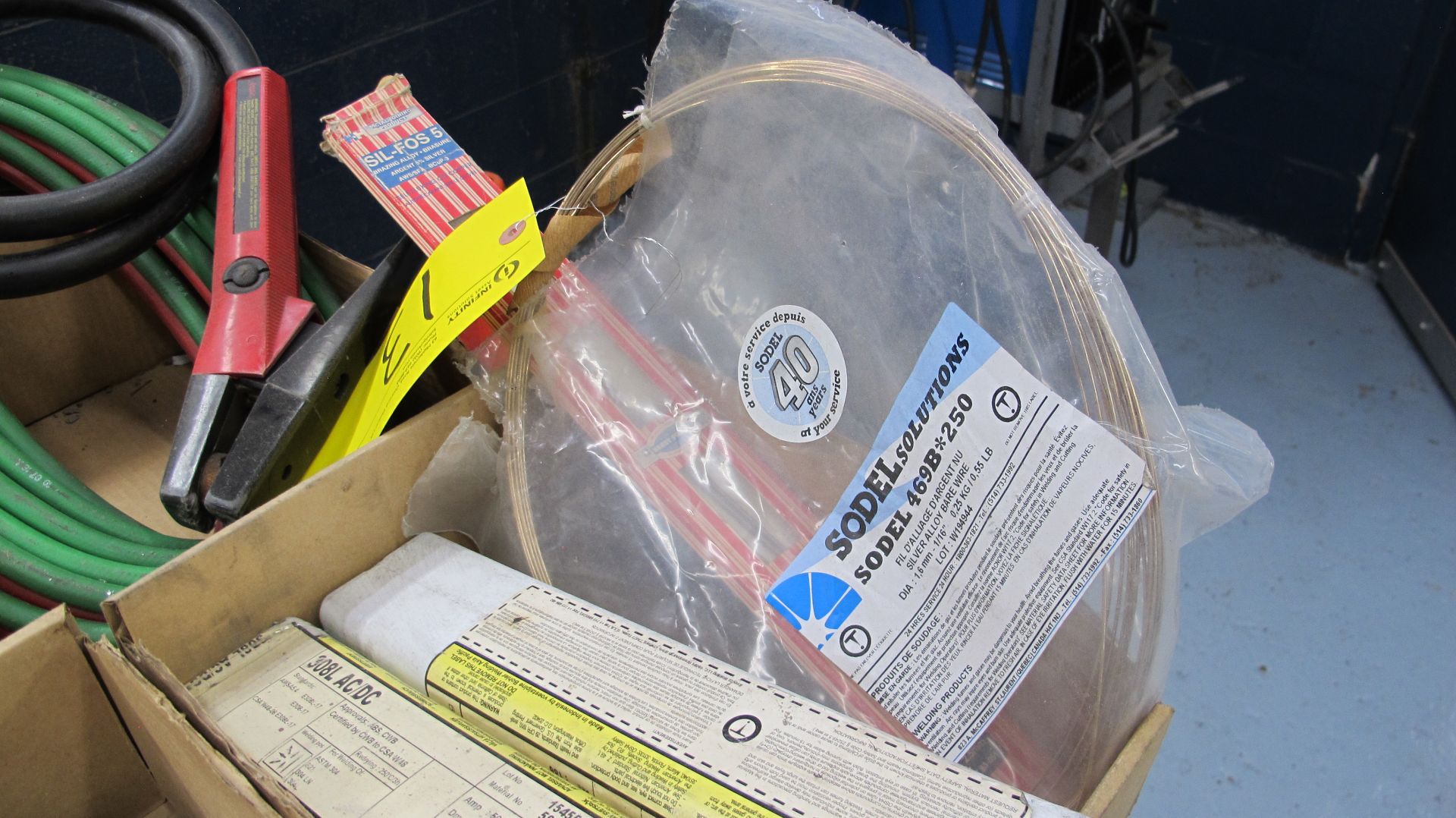 LOT OF WELDING SUPPLIES IN (11) BOXES INCLUDING SODEL 469B-250 SILVERY ALLOY BARE WIRE, CABLES, - Image 2 of 8