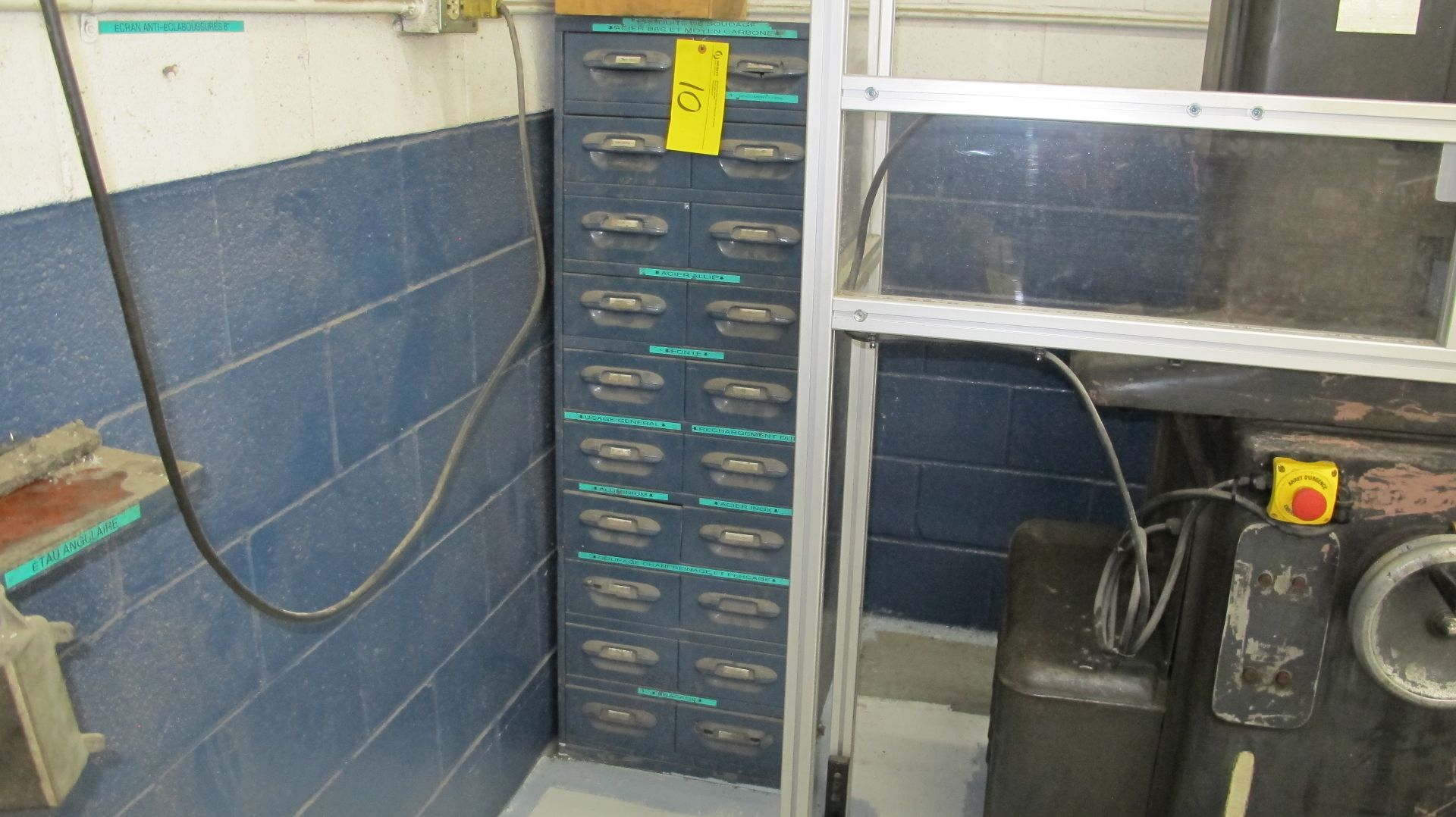 LOT OF WELDING ELECTRODES IN 10-LEVEL STORAGE CABINET AND WELDING SUPPLIES IN 2ND 10-LEVEL STORAGE
