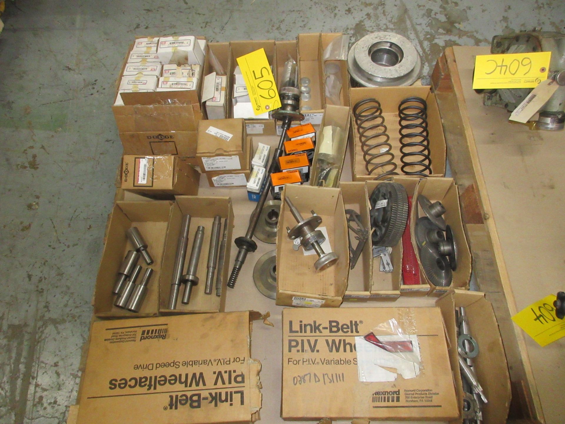 PALLET W/ LINKBELT PIV WHEEL FACES, BEARINGS, DODGE BEARING HOUSINGS, TB WOODS SEAL KITS, ETC. (