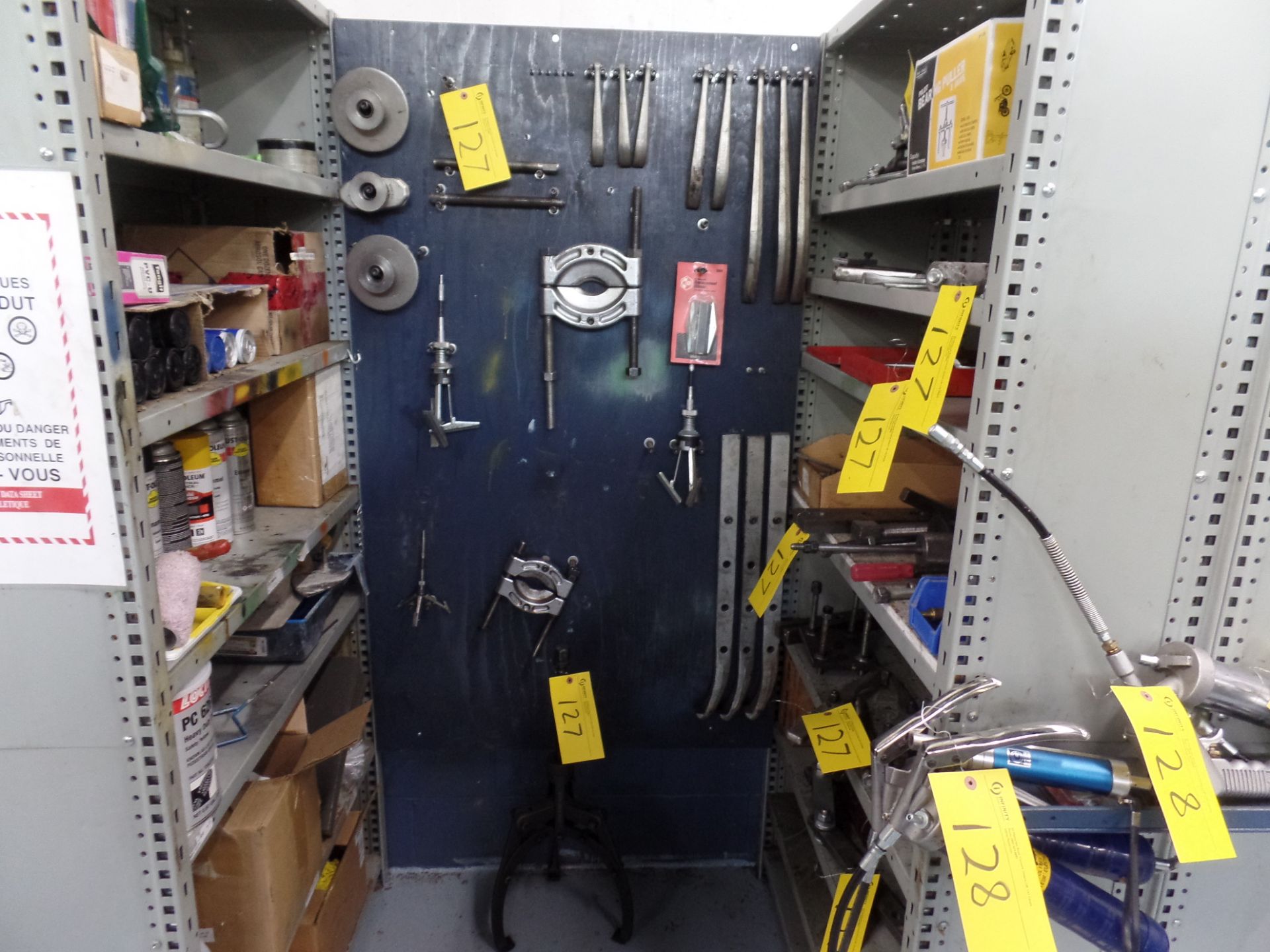 LOT OF GEAR/BEARING PULLERS AND RELATED PARTS ON MOUNTING BOARD AND 6-LEVELS OF SHELVING UNIT (SHELF - Image 2 of 5