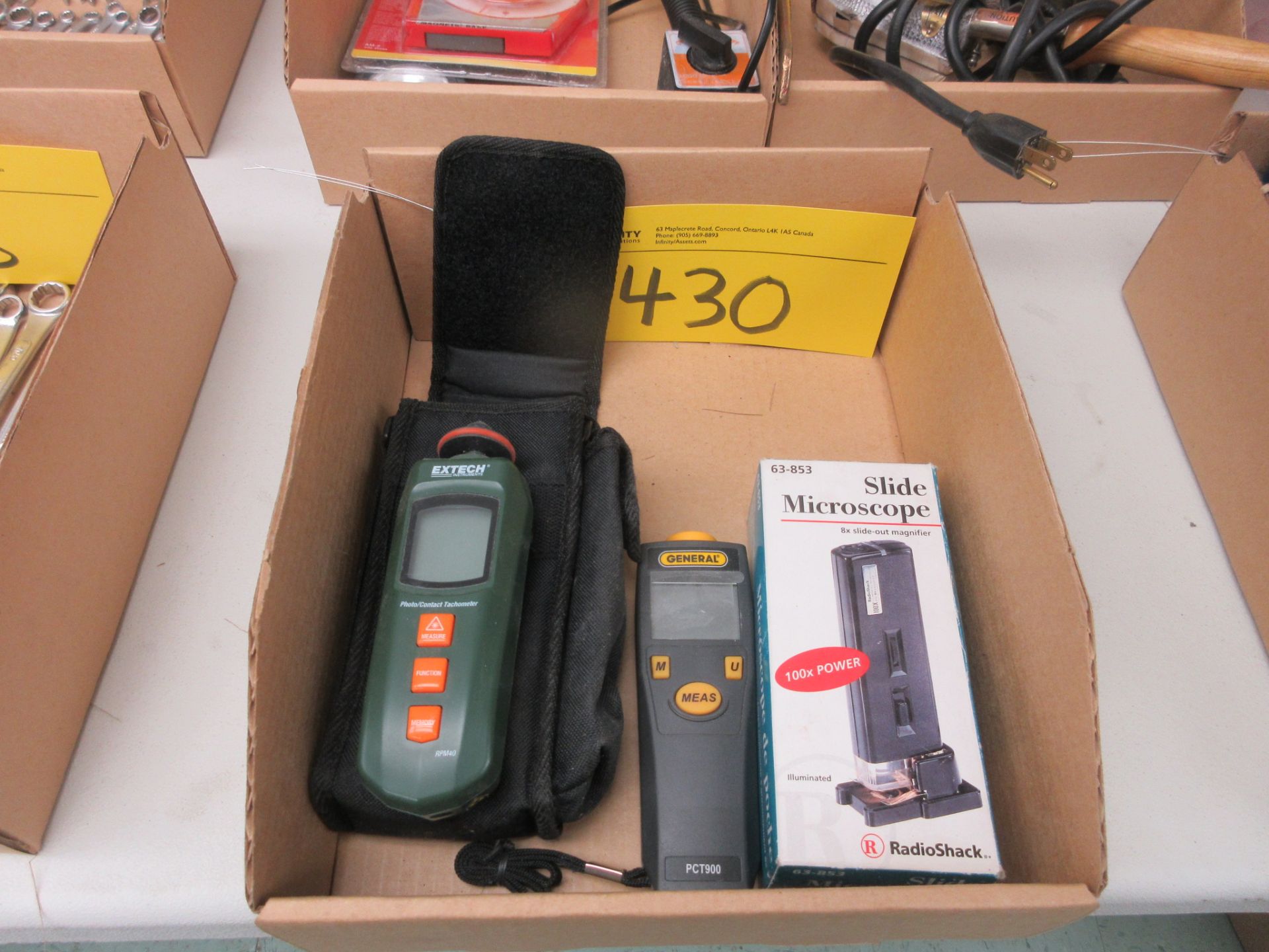 LOT BOX W/ EXTECH INSTRUMENTS RPM 40 PHOTO CONTACT TACHOMETER, GENERAL PCT900 DIGITAL MEASUREMENT