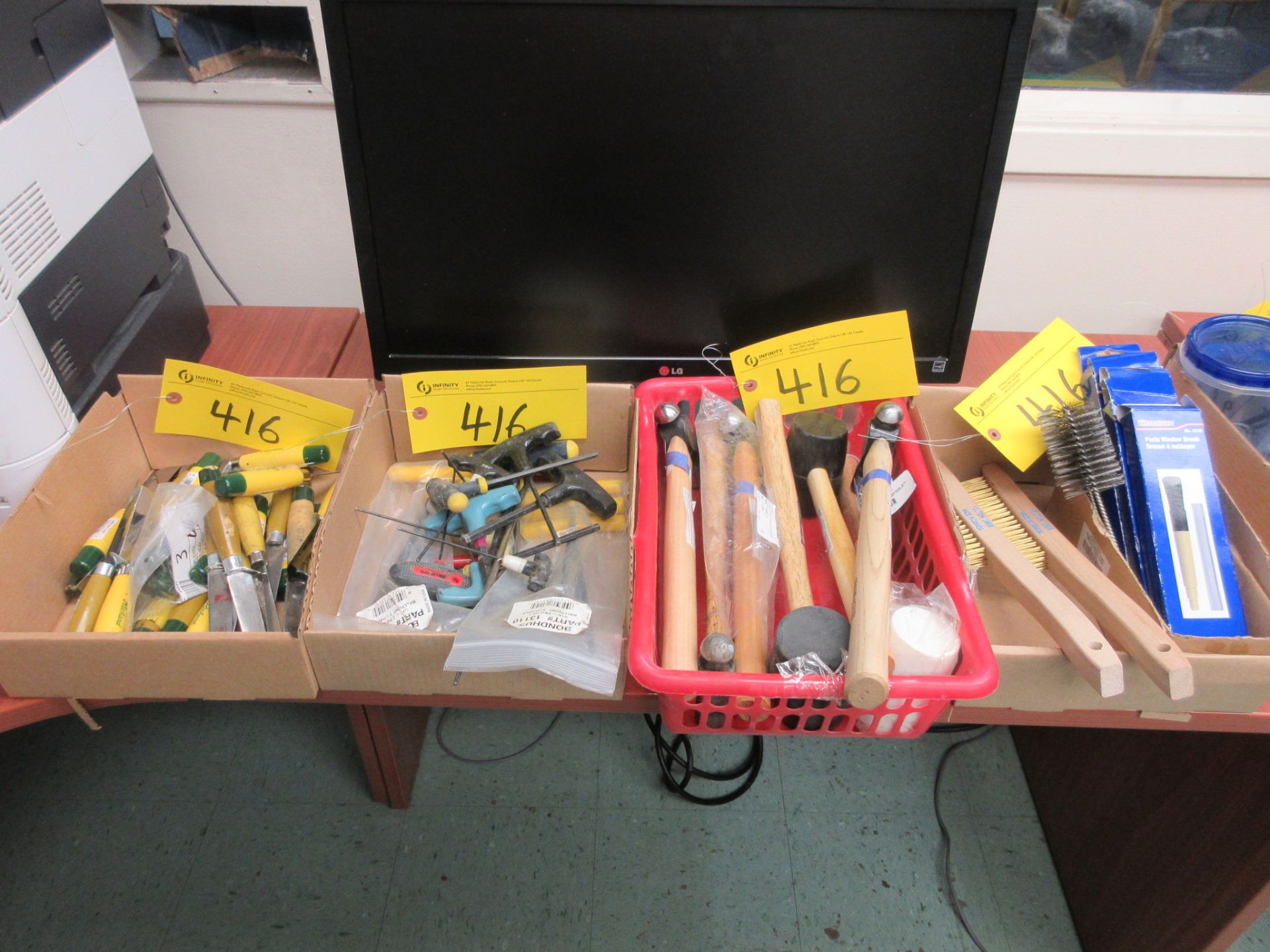 LOT OF (4) BOXES OF HAMMERS, MALLOTS, T-WRENCHES, RICHLAND KNIVES, WESTWARDS BRUSHES, ETC. (SOUTH