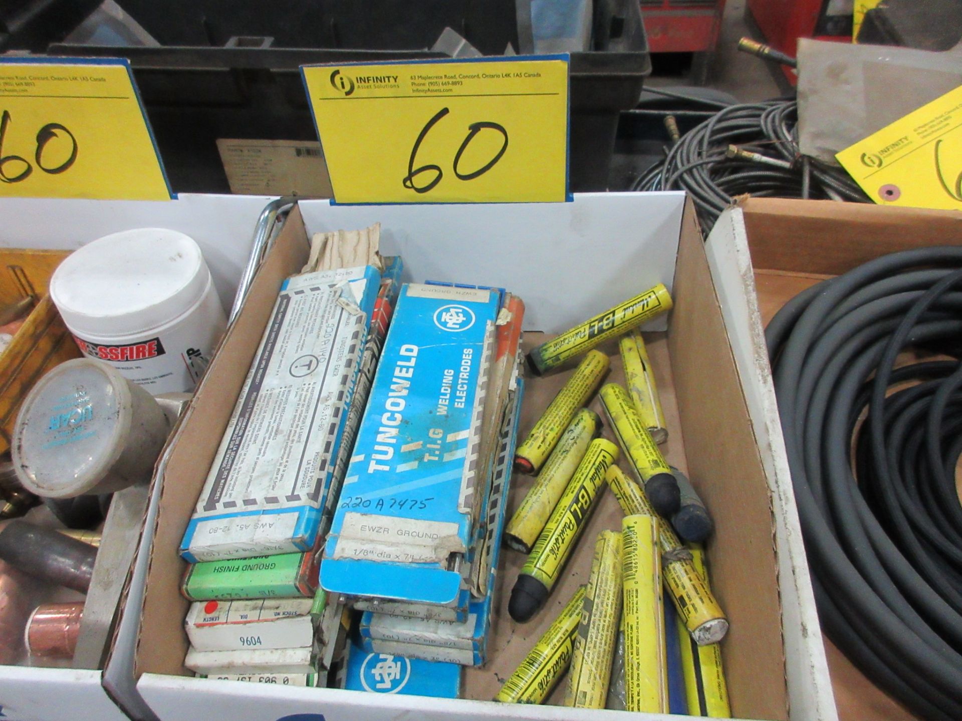 LOT OF WELDING SUPPLIES ON CART INCLUDING TUNCOWELD ELECTRODES, CABLES, TIPS, PARTS, ETC. - Image 3 of 9