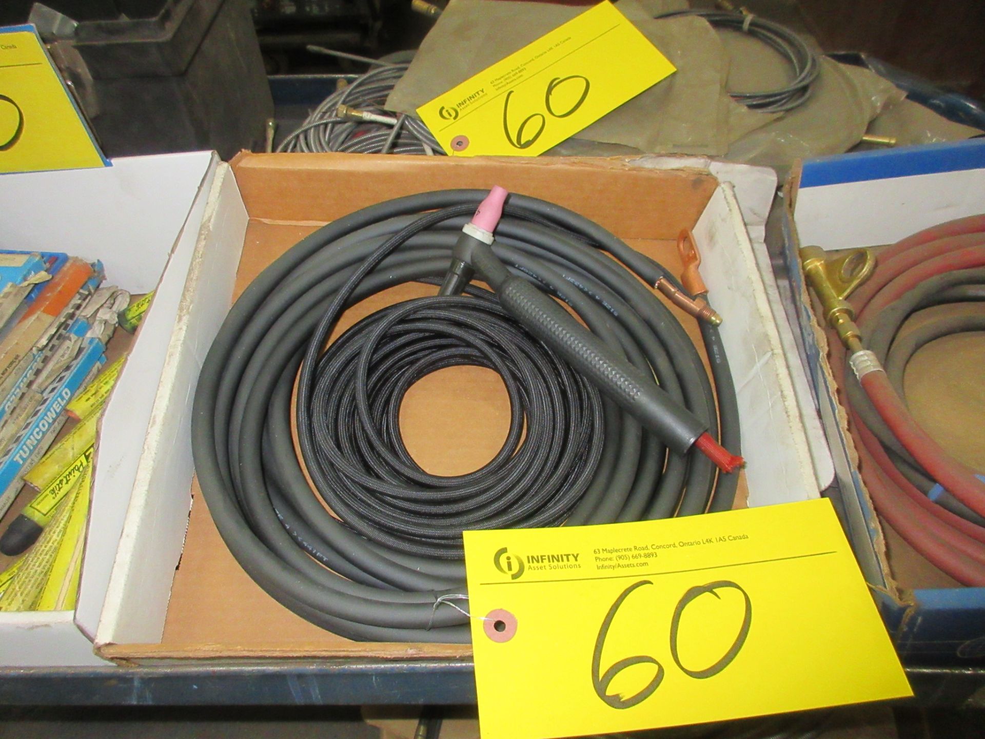 LOT OF WELDING SUPPLIES ON CART INCLUDING TUNCOWELD ELECTRODES, CABLES, TIPS, PARTS, ETC. - Image 4 of 9