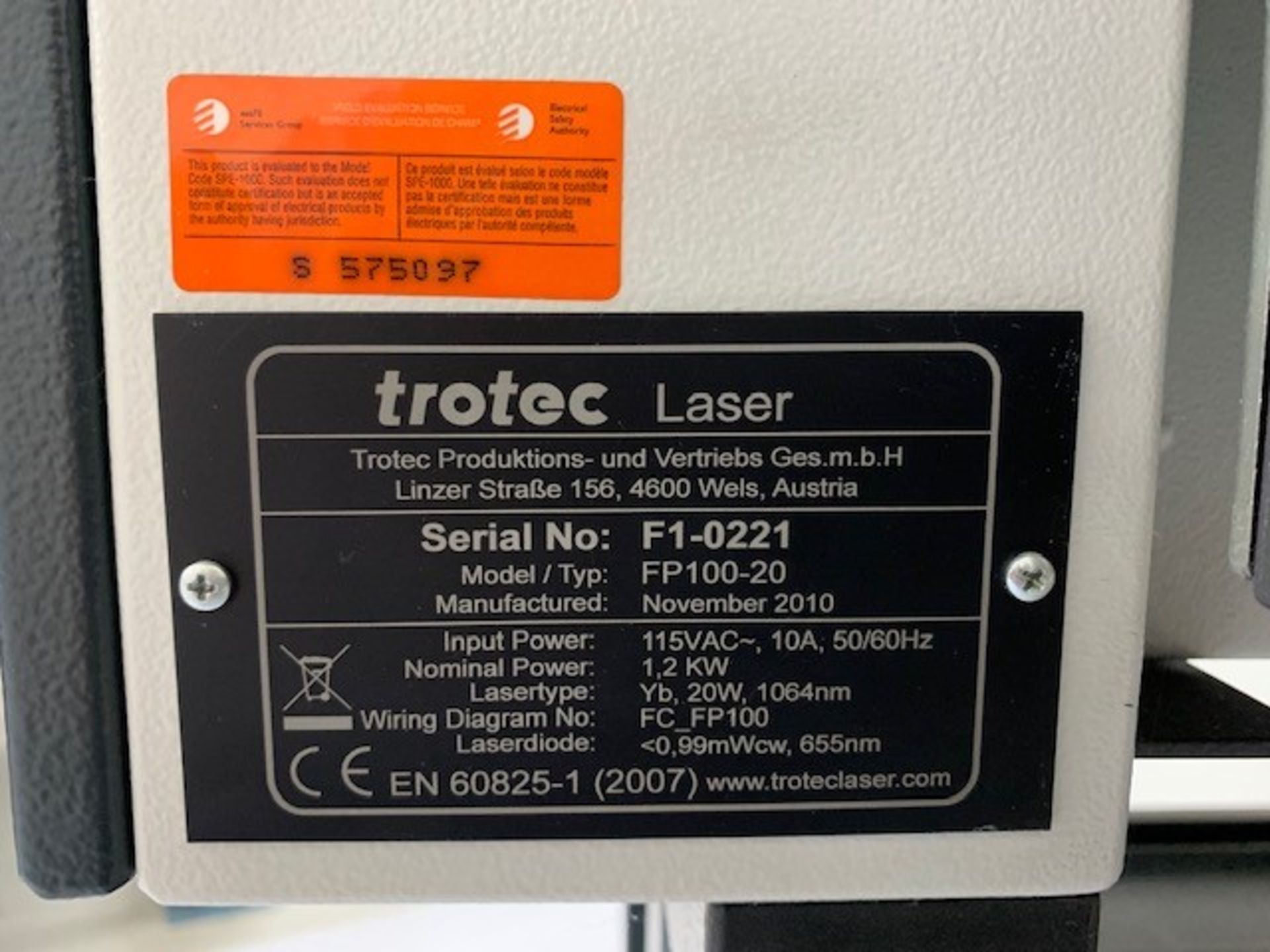 2010 TROTEC FP100-20 SPEEDY 100 FIBER LASER ENGRAVER, FP100/20, 20WATTS, INPUT POWER: 115VAC, 10A, - Image 2 of 4