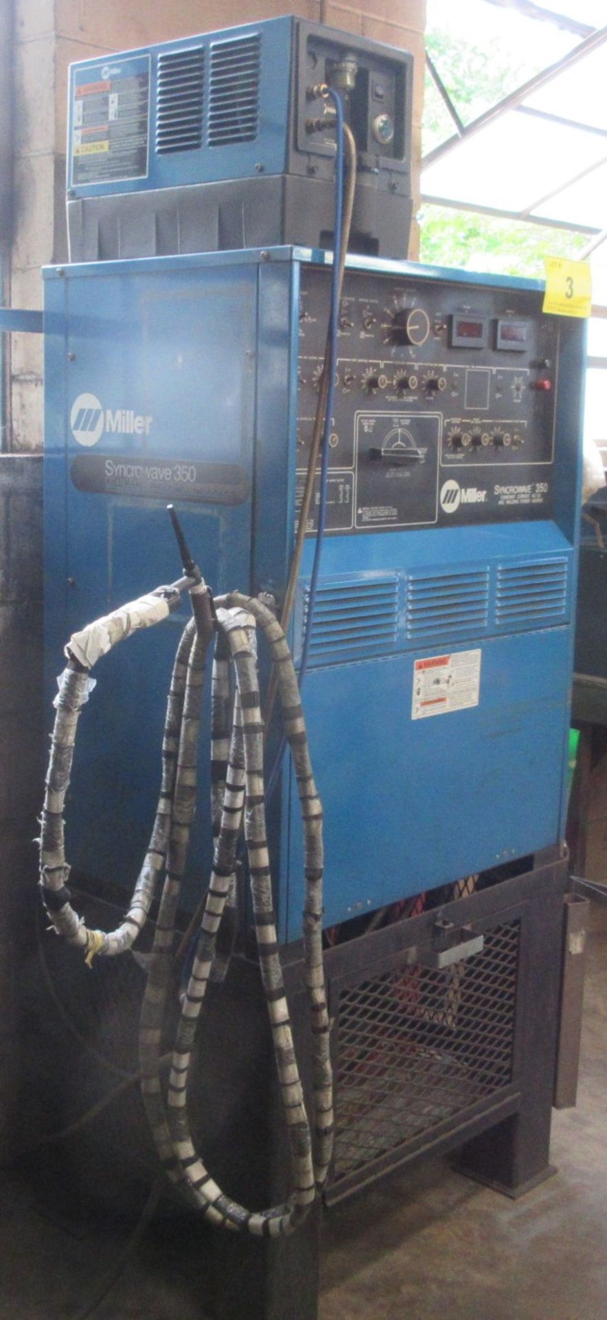 MILLER SYNCROWAVE 350 TIG WELDER W/ MILLER COOLMATE 3 CONTROL, CABLES, STAND (NO TANK) - Image 4 of 7