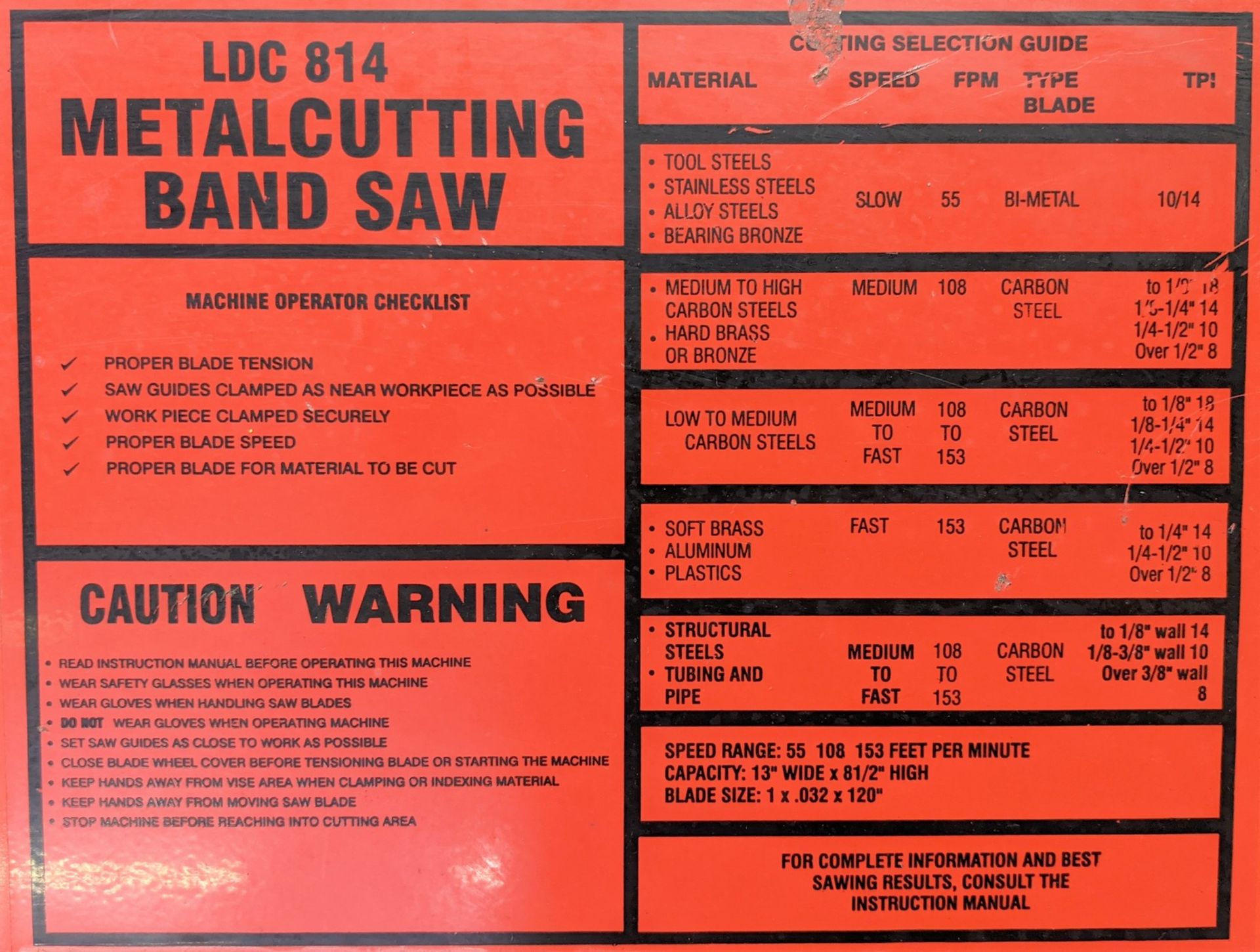 CAROLINA LDC814 HORIZONTAL BANDSAW, S/N 0169 W/ SPARE BLADES - Image 4 of 9