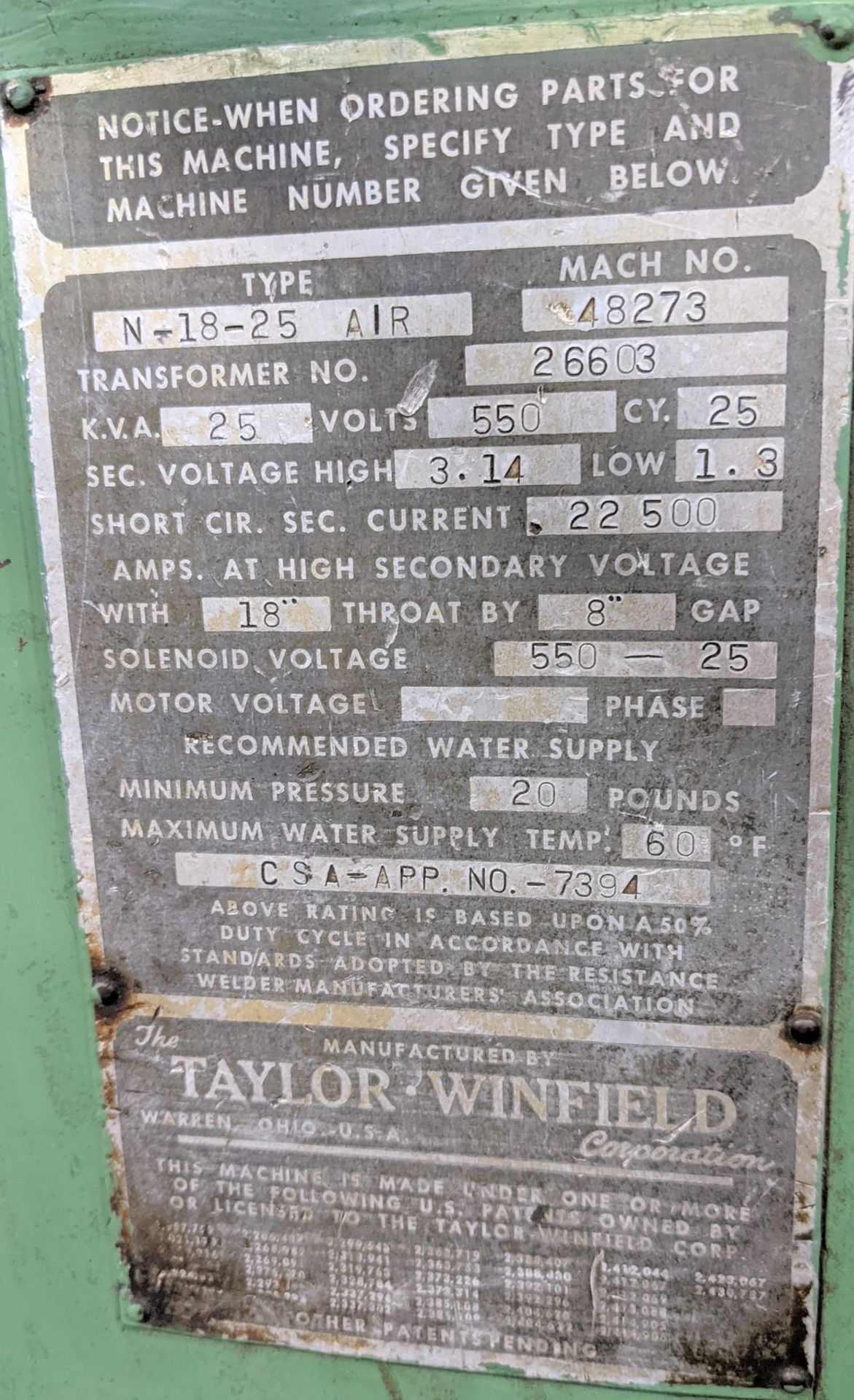 TAYLOR WINFIELD N-18-25 AIR SPOT WELDER, 25KVA, 18" THROAT, 8" GAP, S/N 48273, 550V, MEDAR CONTROL - Image 4 of 6