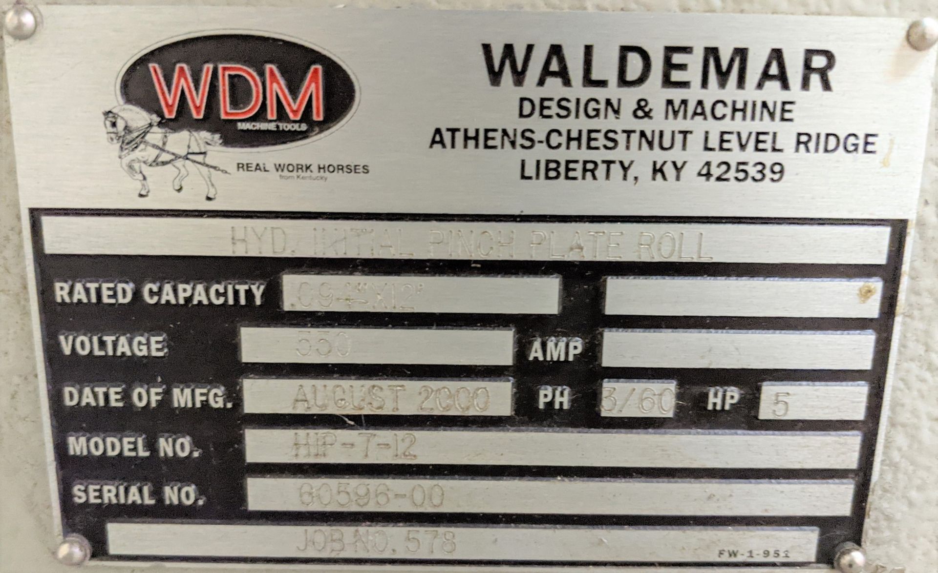 2000 WDM HIP-7-12 HYDRAULIC INITIAL PINCH PLATE ROLLS, 7” ROLL DIA., 12’ X 11GA CAP., 5HP, AIR DROP, - Image 6 of 11