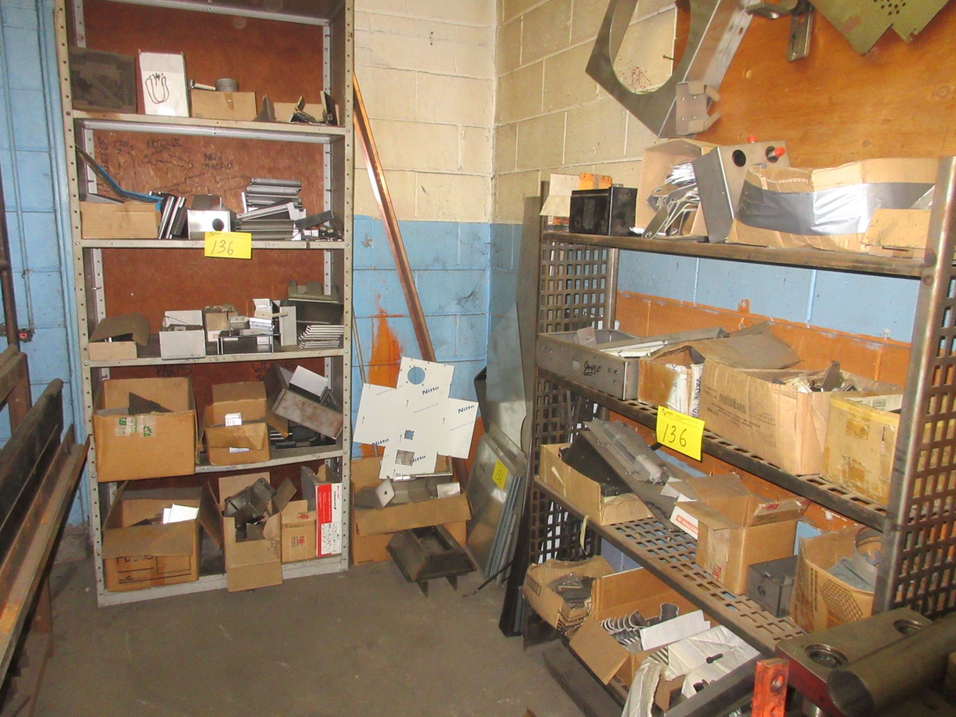 LOT OF MIXED METAL AND MOTORS IN DIE STORAGE ROOM (INCLUDING 2 SHELVING UNITS)