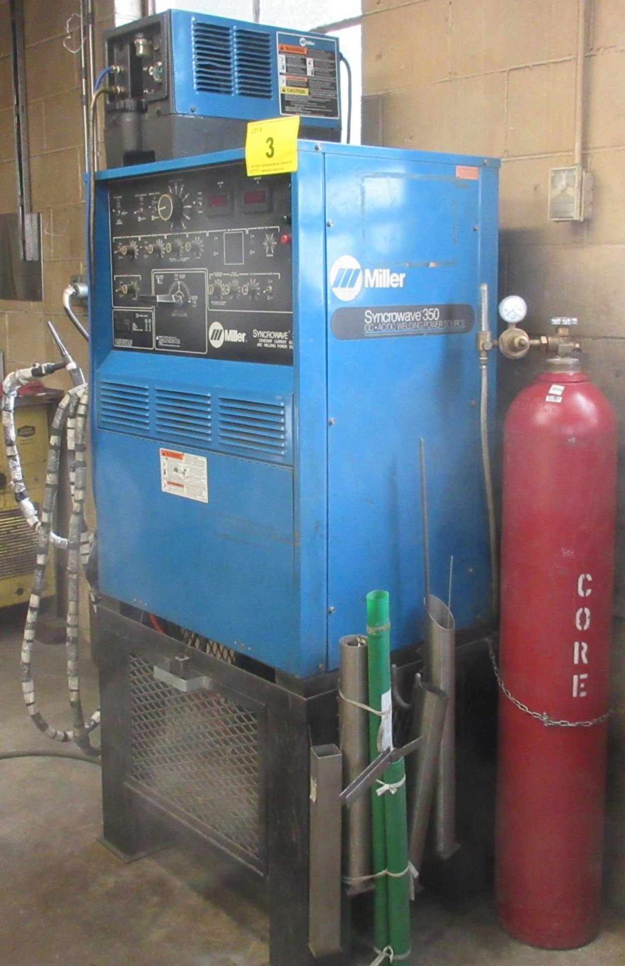 MILLER SYNCROWAVE 350 TIG WELDER W/ MILLER COOLMATE 3 CONTROL, CABLES, STAND (NO TANK) - Image 3 of 7