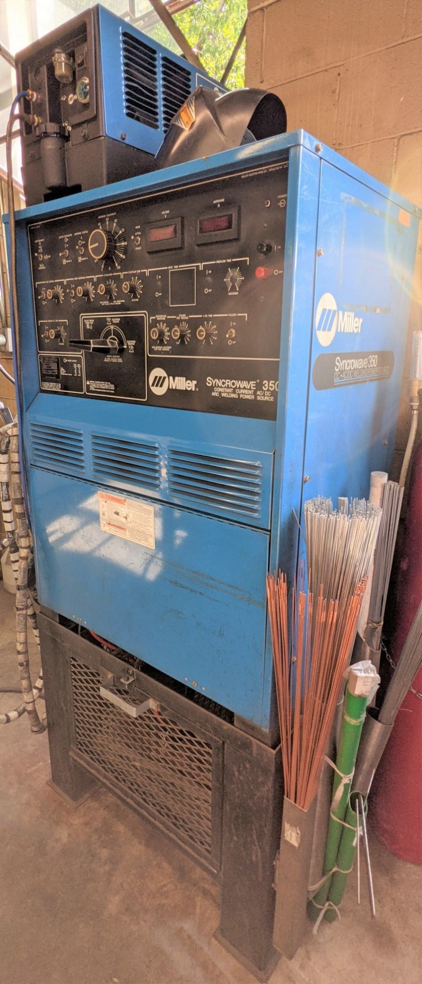 MILLER SYNCROWAVE 350 TIG WELDER W/ MILLER COOLMATE 3 CONTROL, CABLES, STAND (NO TANK)