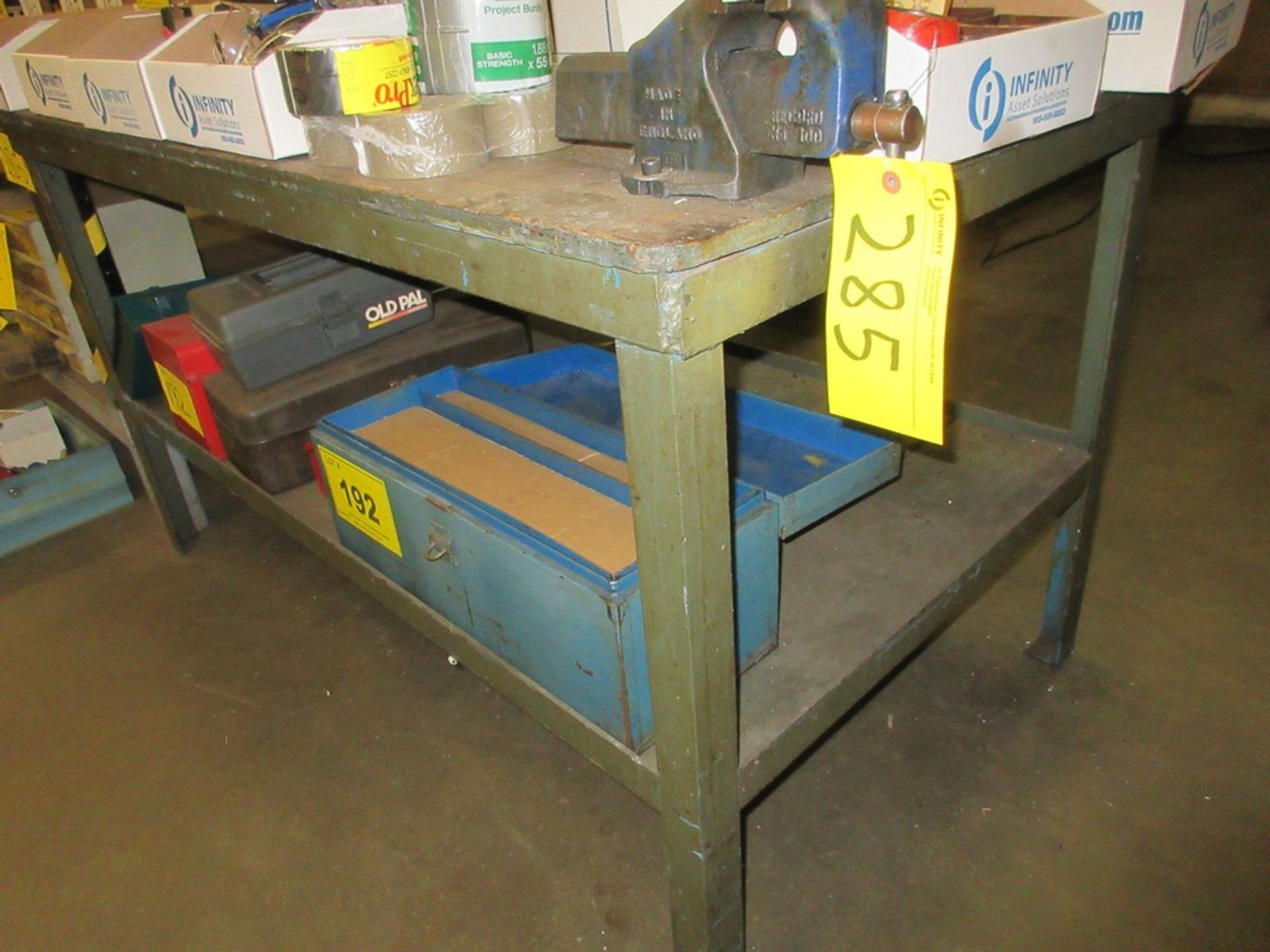 LOT OF (2) 2-LEVEL WORKBENCHES, APPROX. 34"D X 5'L W/ CAT 40 VISE AND 4" BENCH VISE, 42"D X 6'L (