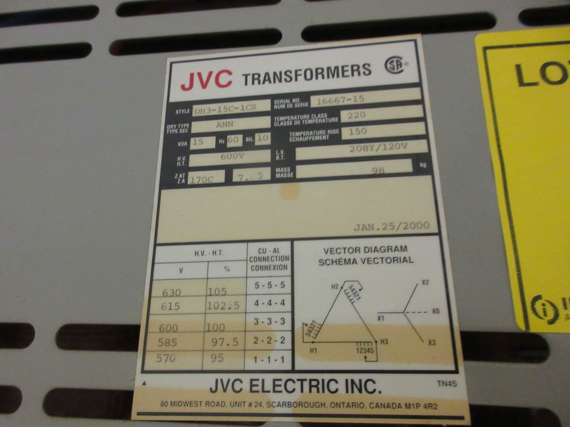 JVC TRANSFORMERS 15KVA TRANSFORMER, 600V TO 208Y/120V AND SWITCHBOX - Image 2 of 4