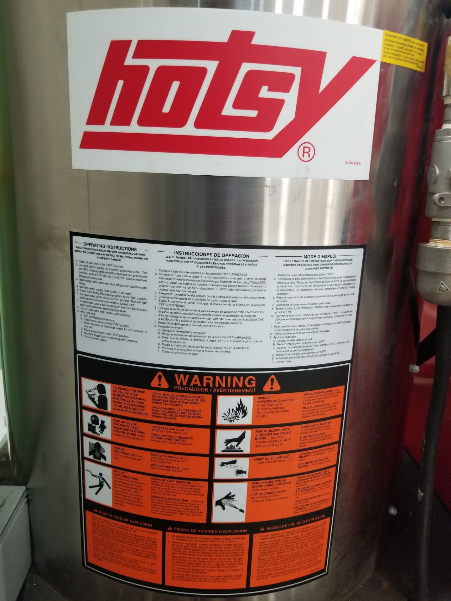 HOTSY 1836SS PRESSURE WASHER, S/N 11096640-100094, 3,000 PSI, 6.0 GPM, 225 DEGREES F MAX TEMP., 11. - Image 2 of 5