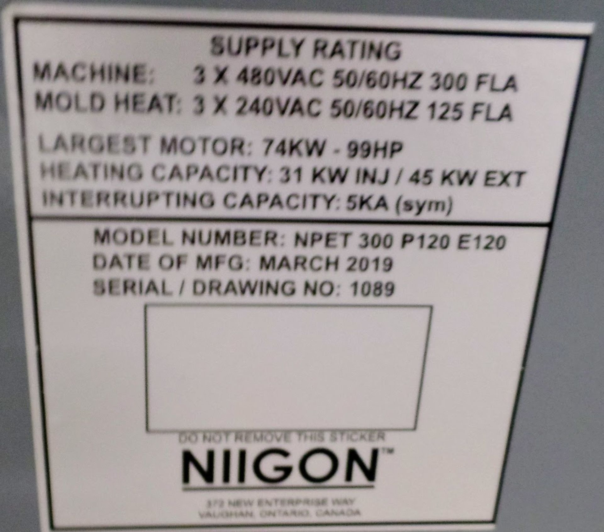 2019 NIIGON NPET 300 P120 E120 LIGHTS OUT HORIZONTAL TO STAGE INJECTION MOLDING MACHINE, 337 TON - Image 37 of 37