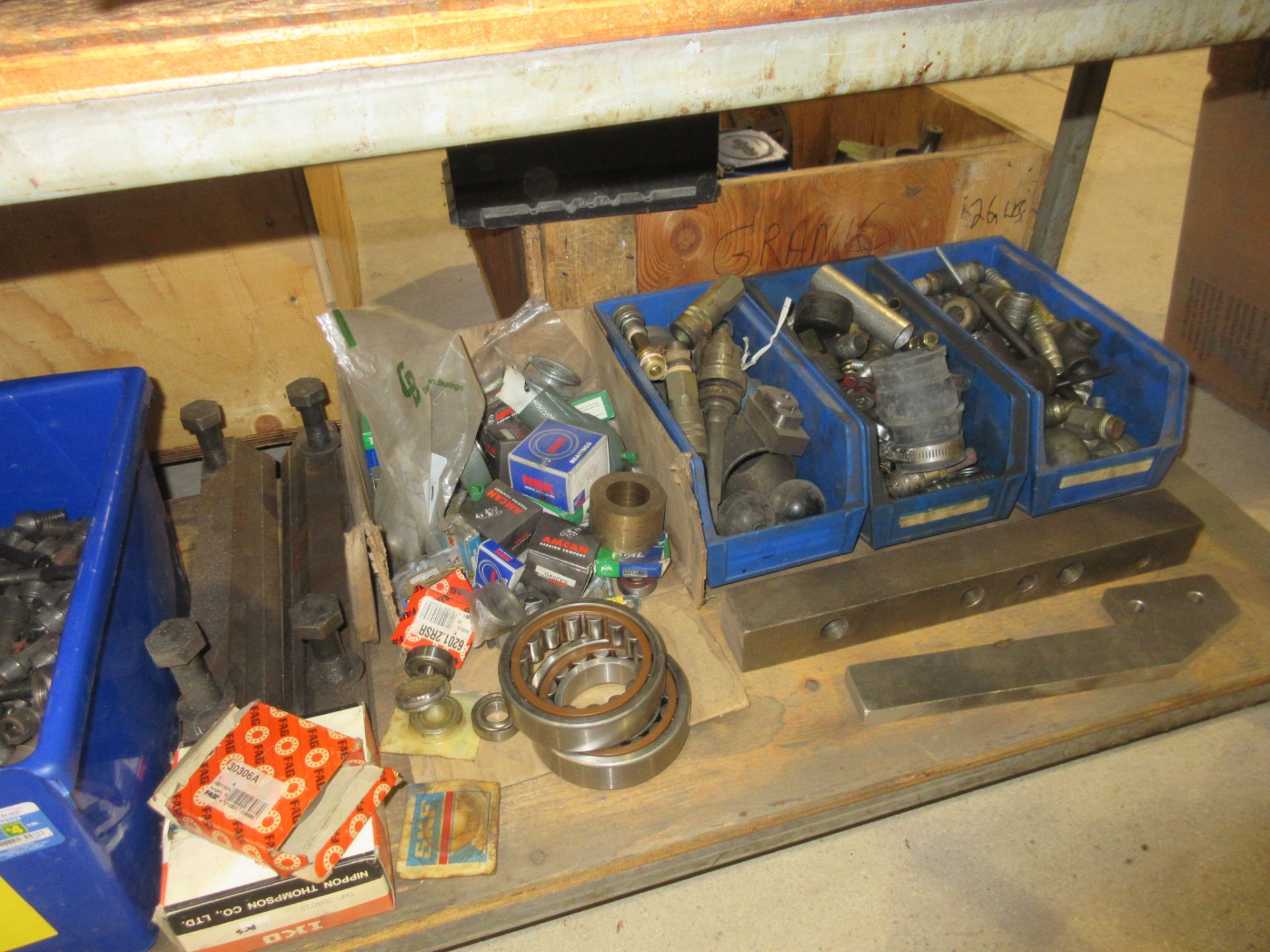 LOT OF (2) SHELVES CONTENTS INCLUDING BEARINGS, MACHINE SCREWS, ETC. AND CRATE W/ MOTOR - Image 5 of 6