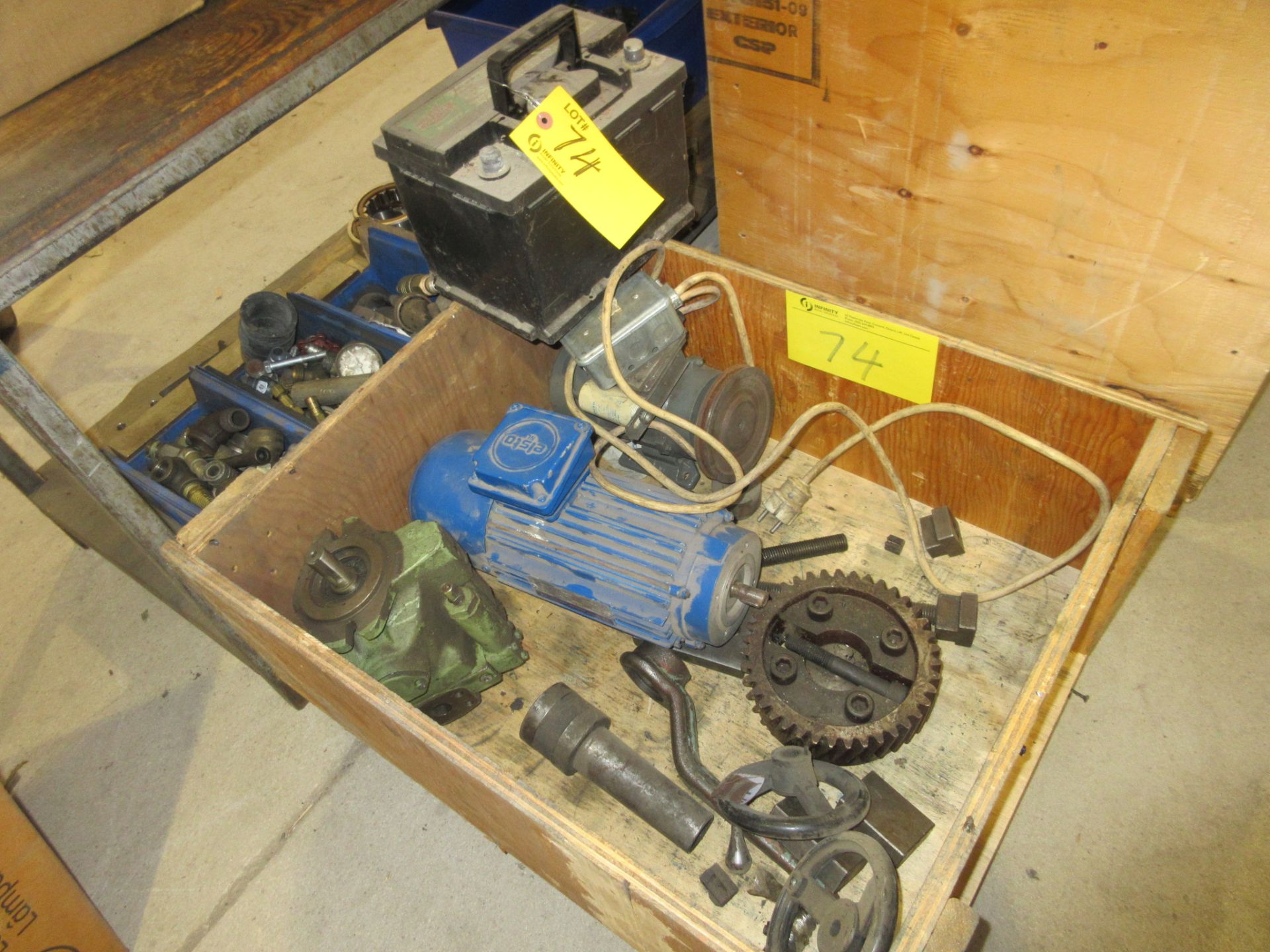 LOT OF (2) SHELVES CONTENTS INCLUDING BEARINGS, MACHINE SCREWS, ETC. AND CRATE W/ MOTOR - Image 6 of 6