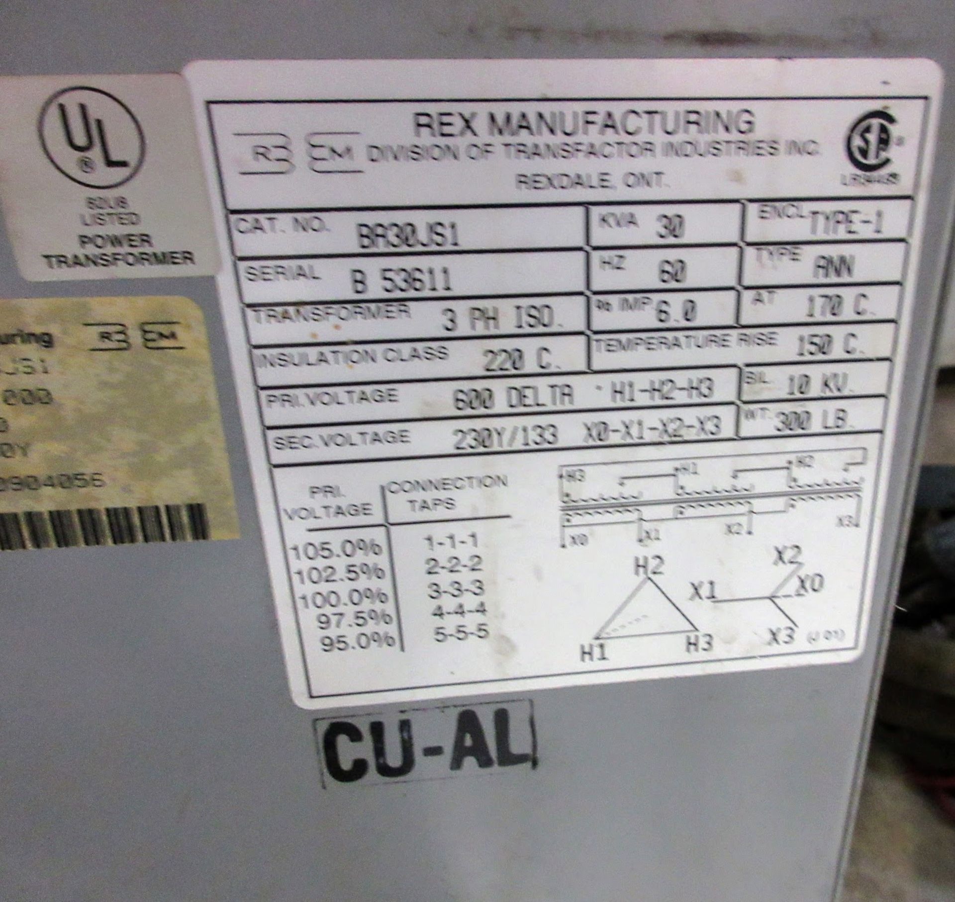 REX MANUFACTURING 30KVA TRANSFORMER, 600V TO 230Y/133 - Image 2 of 2