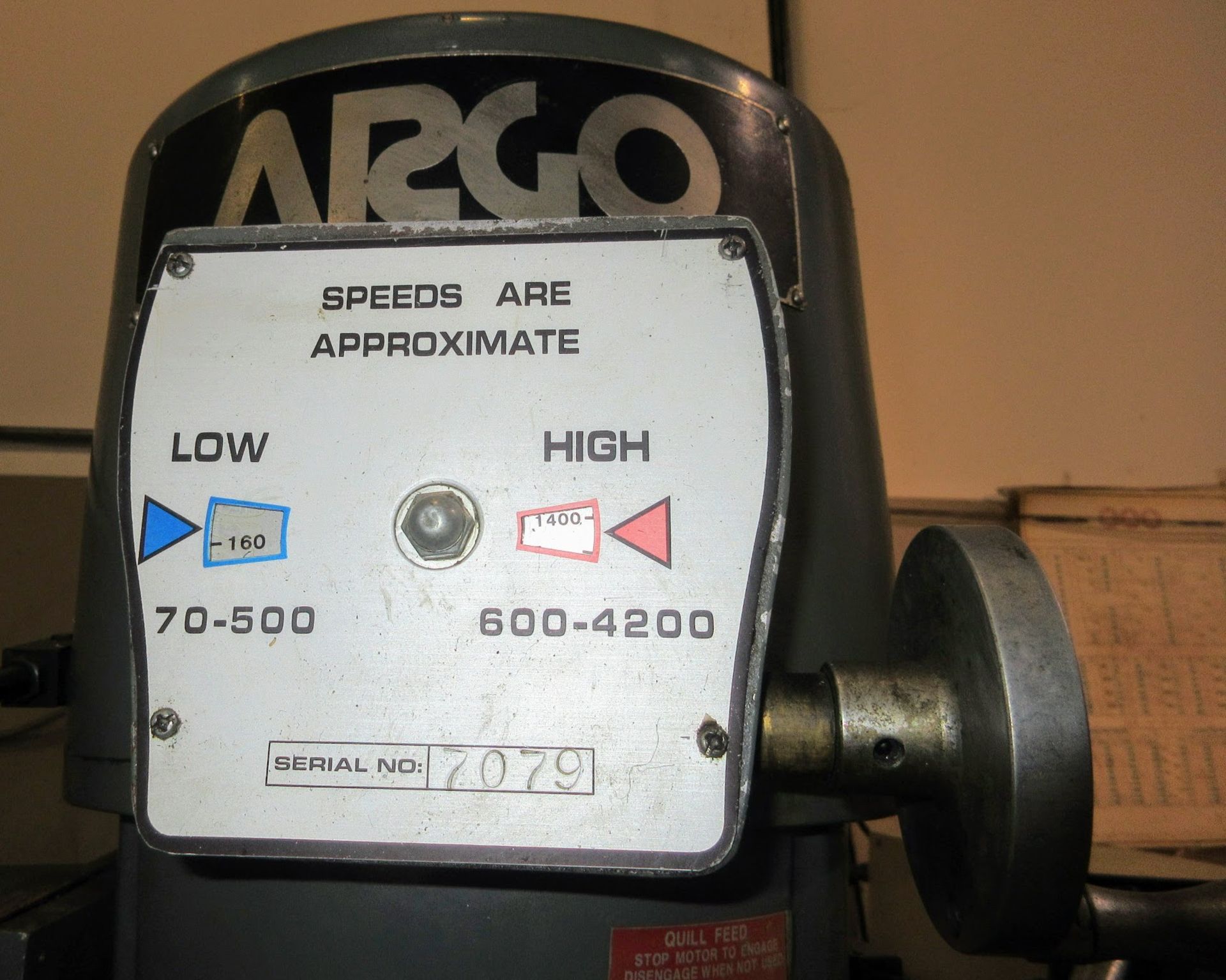 ARGO 942VS VERTICAL MILLING MACHINE, S/N 7079, MITUTOYO 2-AXIS DRO, ALIGN POWER FEED, SPEEDS TO 4, - Image 12 of 12