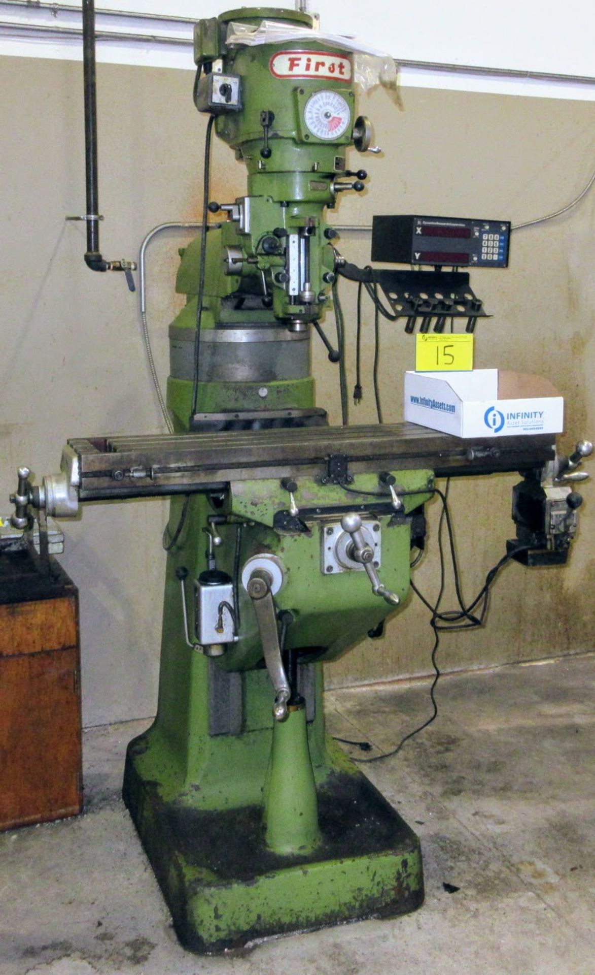 FIRST LC-1-1/2VS VERTICAL MILLING MACHINE, DYNAMIC RESEARCH CORP. 2-AXIS DRO, SPEEDS TO 4,500 RPM, - Image 2 of 12