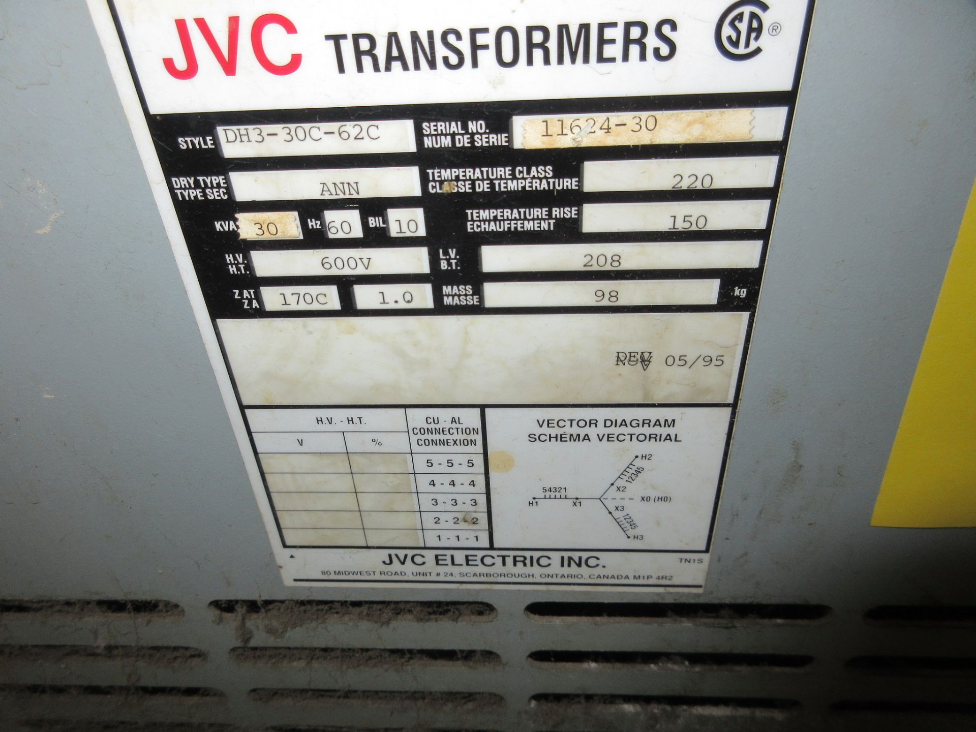 JVC 30KVA TRANSFORMER, 600V TO 208V - Image 2 of 2