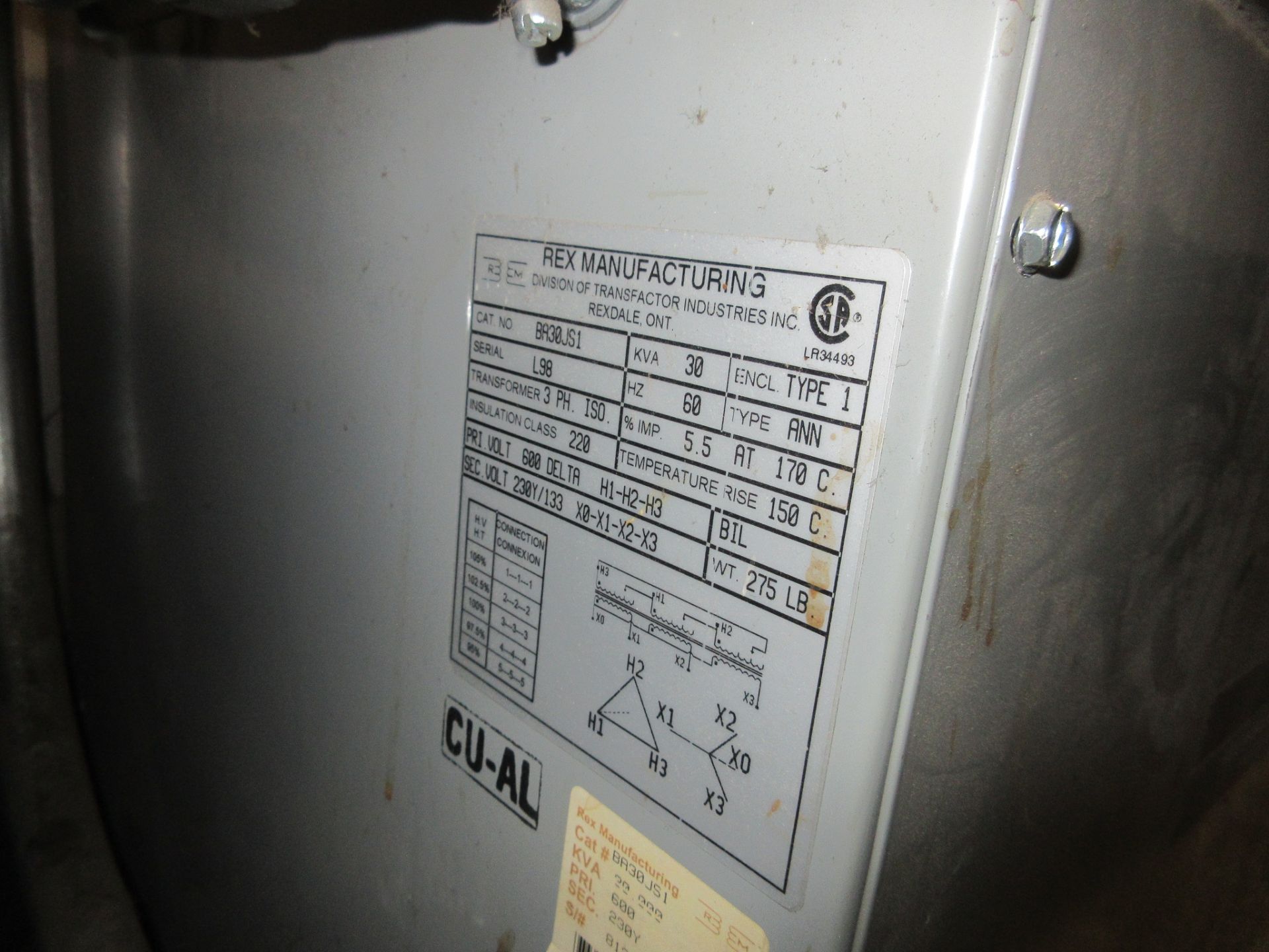 REX MANUFACTURING 30KVA TRANSFORMER, 600V TO 230Y/133 - Image 2 of 2