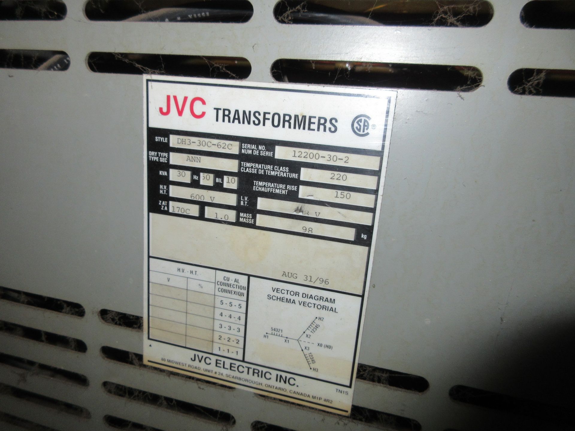 JVC 30KVA TRANSFORMER, 600V TO 208V - Image 2 of 2