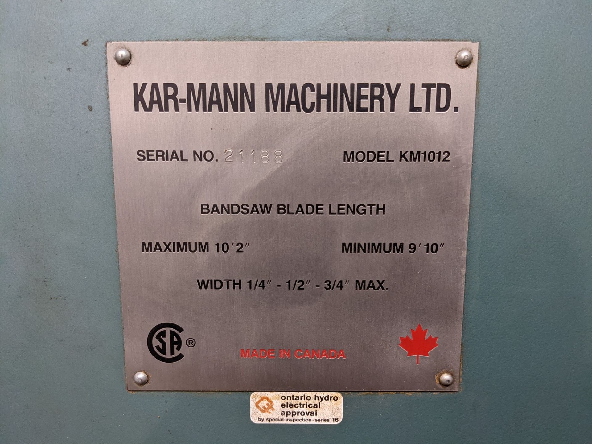 KAR-MANN MACHINERY LTD. KM1012 ROLL-IN SAW, S/N 21189 - Image 5 of 7