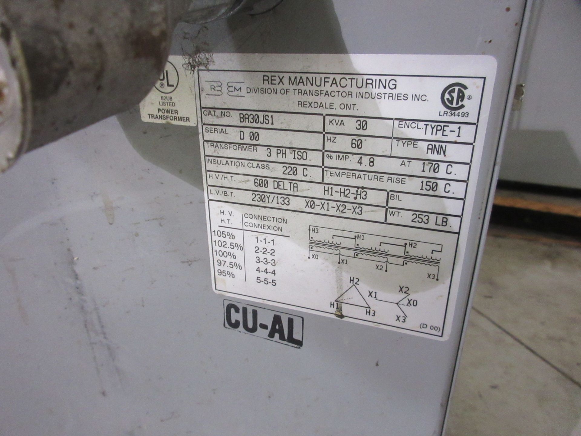 REX MANUFACTURING 30KVA TRANSFORMER, 600V TO 230Y/133 - Image 2 of 2