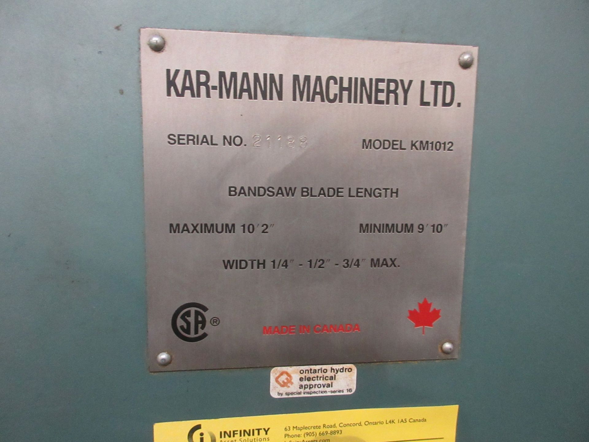 KAR-MANN MACHINERY LTD. KM1012 ROLL-IN SAW, S/N 21189 - Image 6 of 7