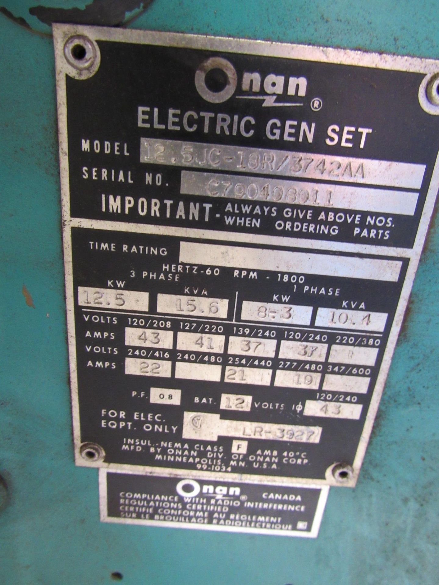 Onan Generator, Model 12.5JC-18R/3742AA - Image 4 of 5